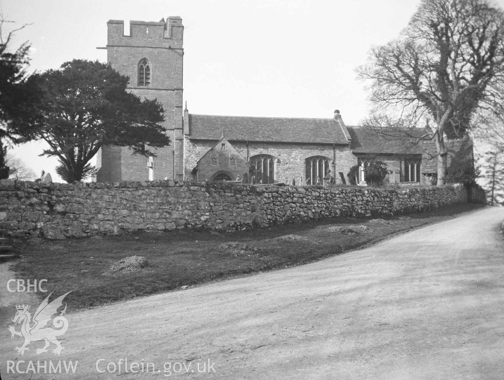 Digital copy of a nitrate negative showing exterior view of south side of church, St Stephen's Church, Old Radnor. From the National Building Record Postcard Collection.