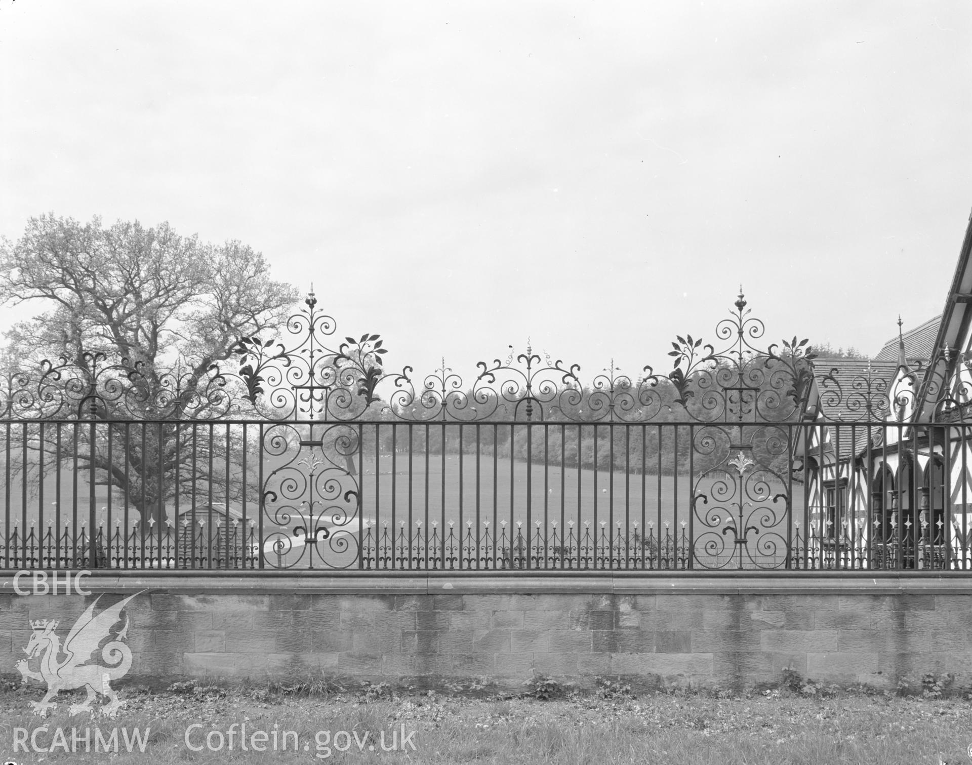 Digital copy of an acetate negative showing view of Chirk Castle gates taken by Department of Environment in 1977.