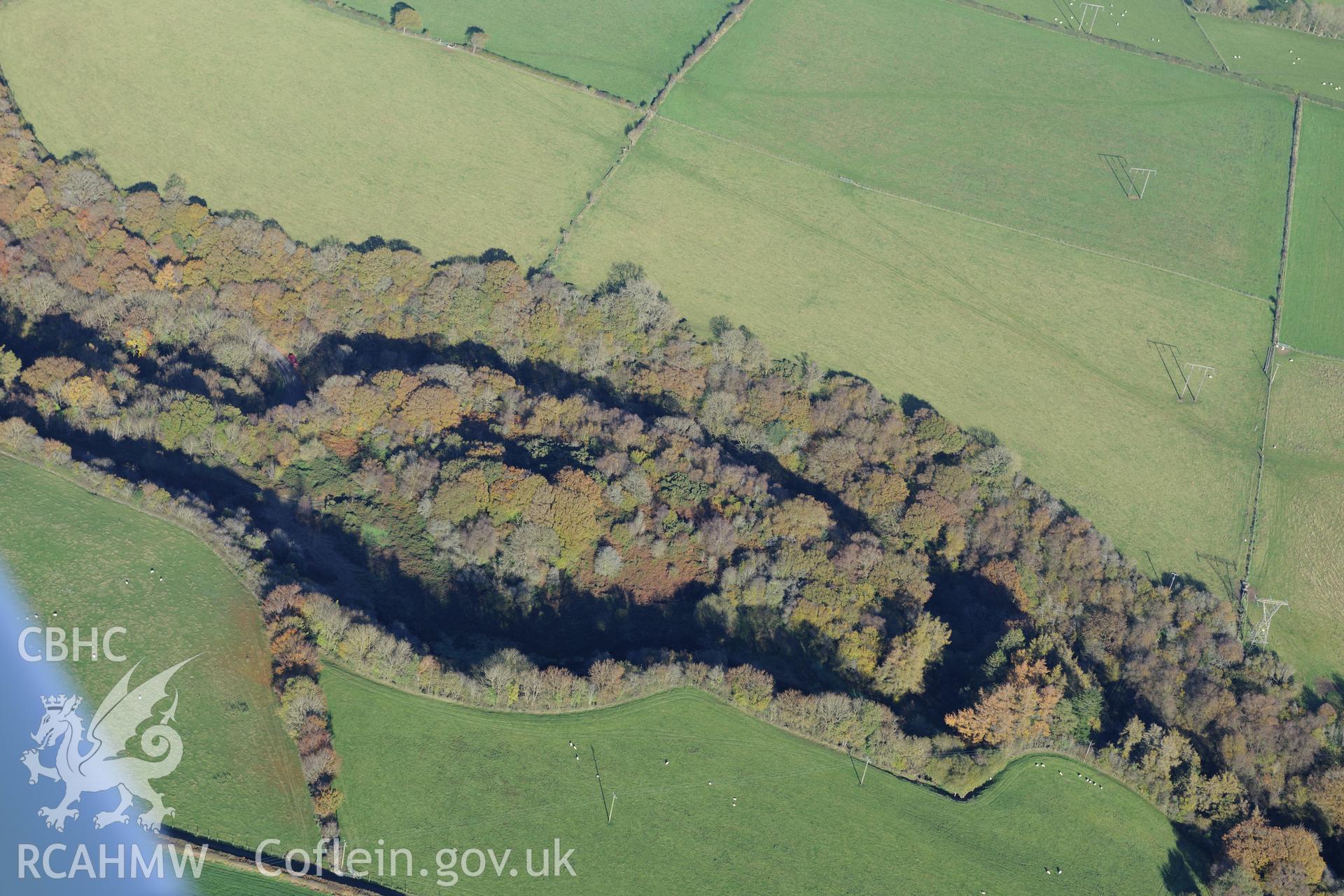 Cwm Castell defended enclosure, near Mydroilyn, New Quay. Oblique aerial photograph taken during the Royal Commission's programme of archaeological aerial reconnaissance by Toby Driver on 2nd November 2015.