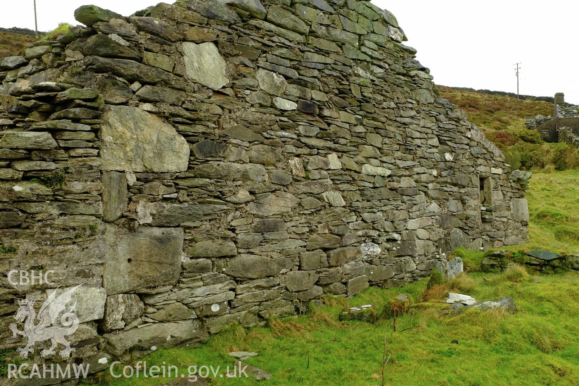 Colour photograph showing detail of the south gable end at an abandoned cottage, Cilgwyn (Grid Reference SH4973 5398), produced by Richard Hayman 21st February 2017