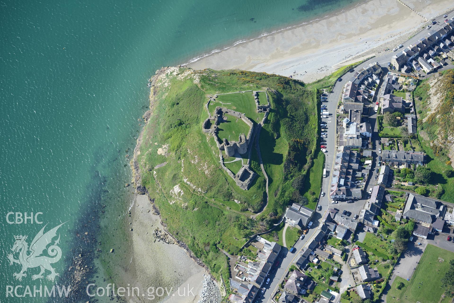 Aerial photography of Criccieth and its castle taken on 3rd May 2017.  Baseline aerial reconnaissance survey for the CHERISH Project. ? Crown: CHERISH PROJECT 2017. Produced with EU funds through the Ireland Wales Co-operation Programme 2014-2020. All ma