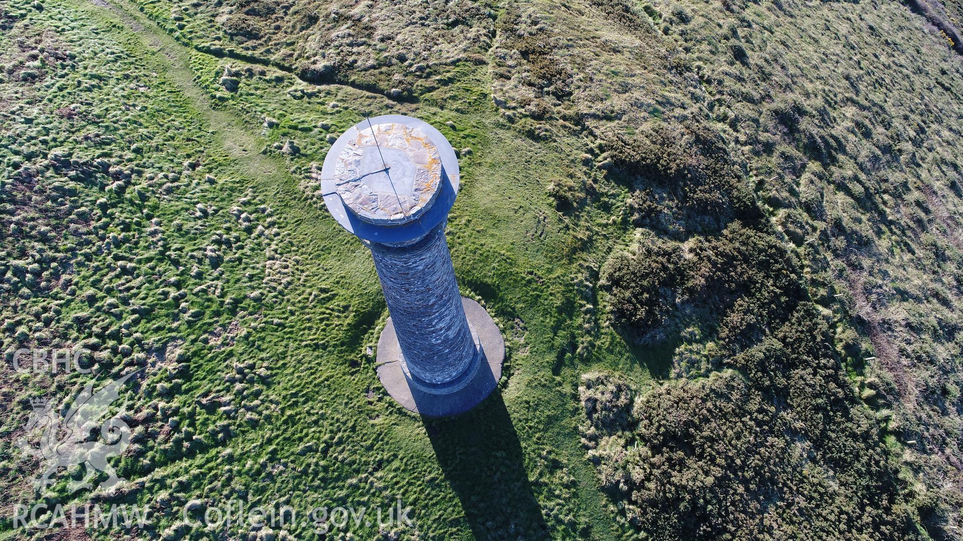 CHERISH Project DJI drone photo survey of Pen Dinas Hillfort and the Wellington Monument. ? Crown: CHERISH PROJECT 2017. Produced with EU funds through the Ireland Wales Co-operation Programme 2014-2020. All material made freely available through the Open Government Licence.