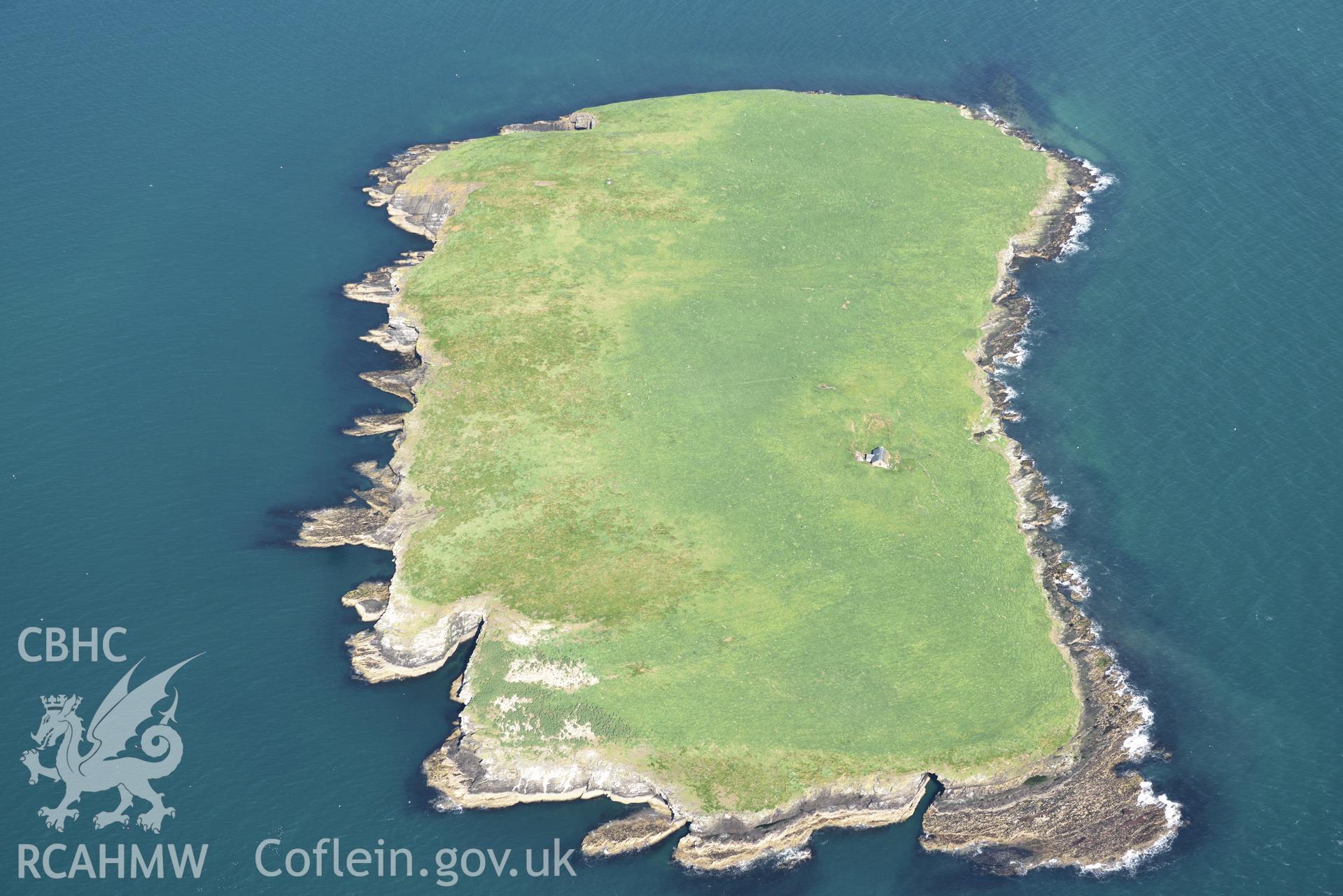 Aerial photography of St Tudwal's Island East taken on 3rd May 2017.  Baseline aerial reconnaissance survey for the CHERISH Project. ? Crown: CHERISH PROJECT 2017. Produced with EU funds through the Ireland Wales Co-operation Programme 2014-2020. All material made freely available through the Open Government Licence.