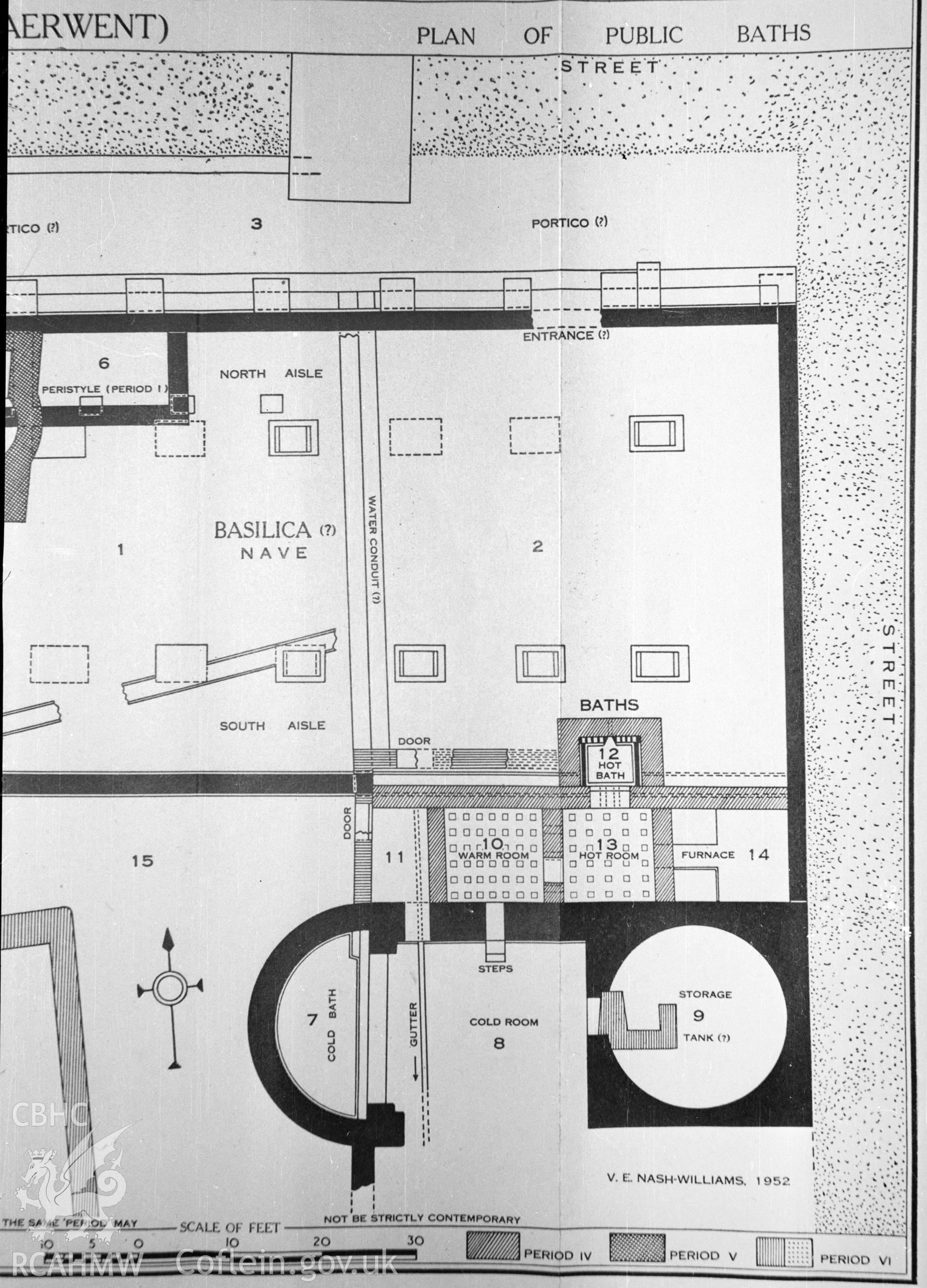 Digital copy of a nitrate negative of a sketch depicting 'plan of public baths' at the roman site in Caerwent, by Ordnance Survey.