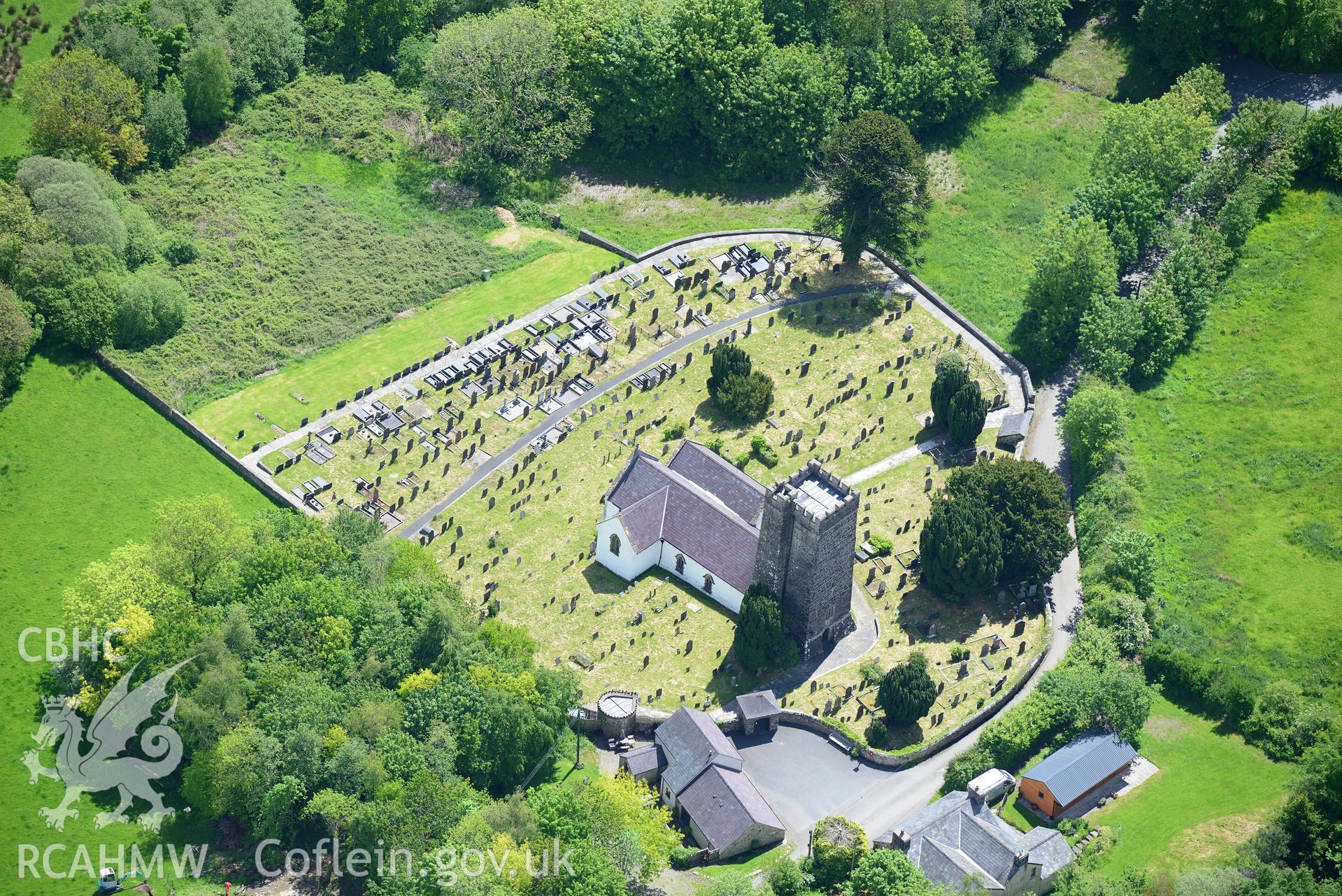 St. Gwenog's Church, Llanwenog. Oblique aerial photograph taken during the Royal Commission's programme of archaeological aerial reconnaissance by Toby Driver on 3rd June 2015.