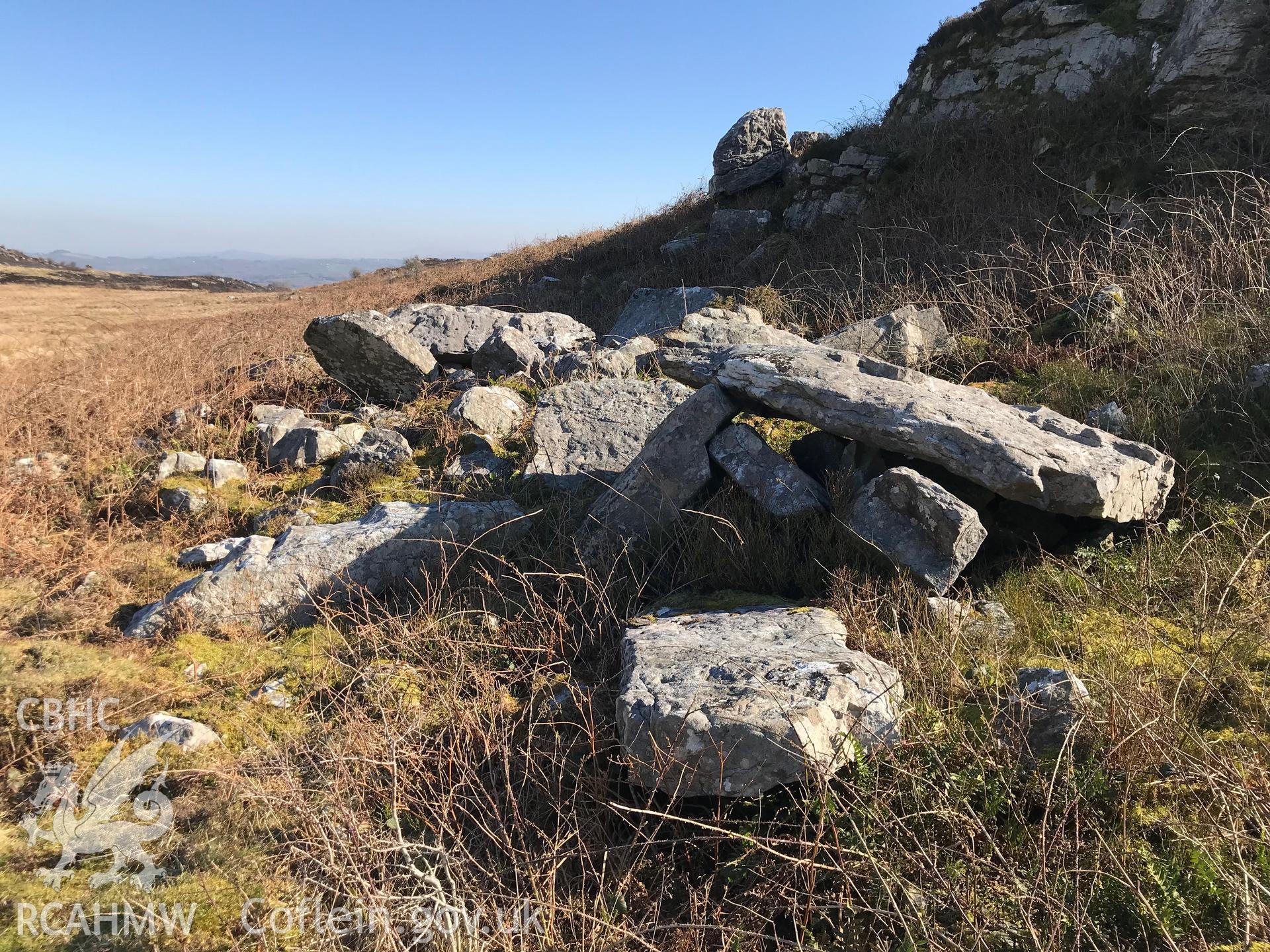 Digital colour photograph of burial chambers at Mynydd Llangyndeyrn, taken by Paul R. Davis on 26th February 2019.