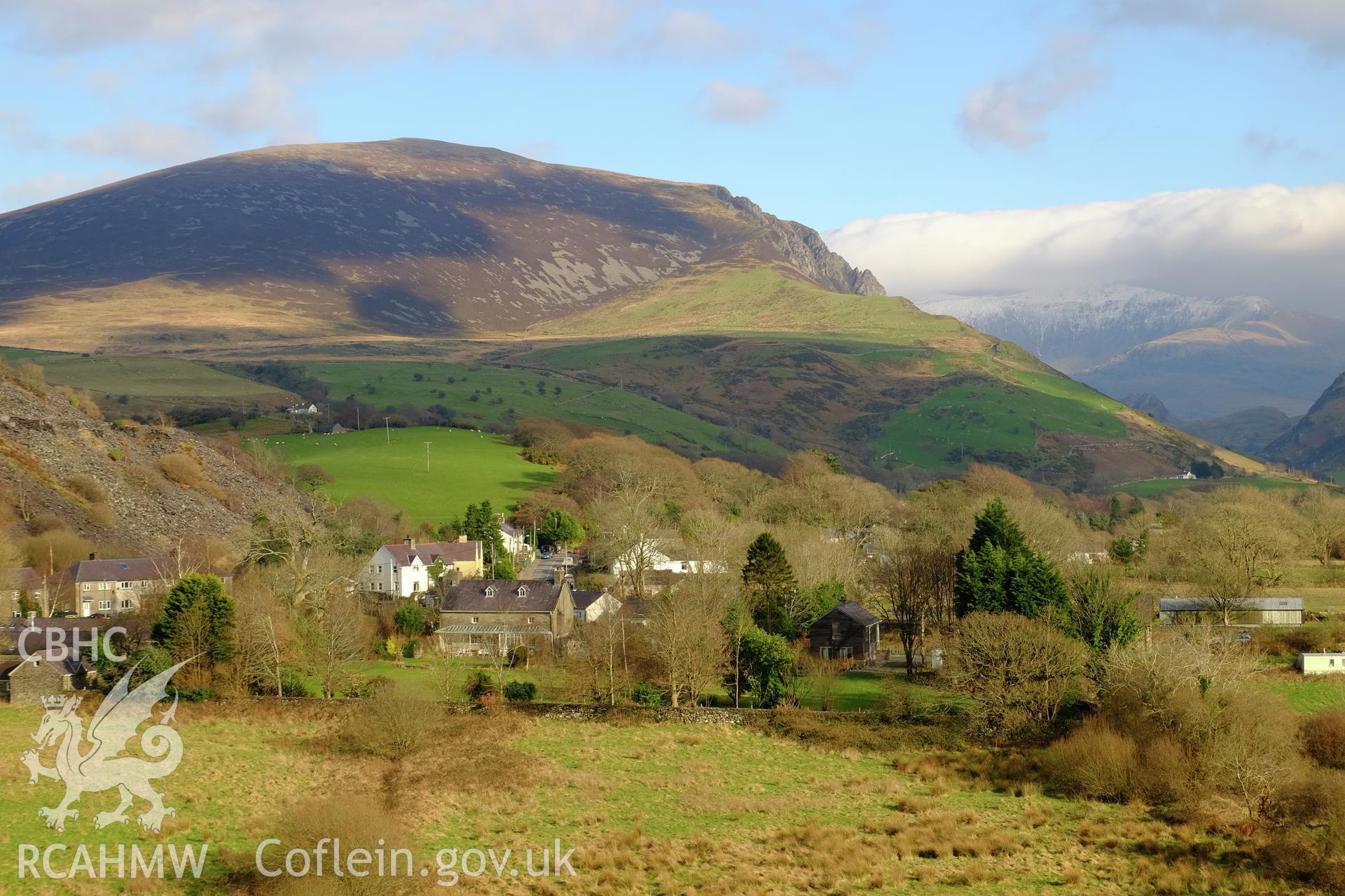 Colour photograph showing view of Nantlle village looking east towards Snowdon, produced by Richard Hayman 9th February 2017