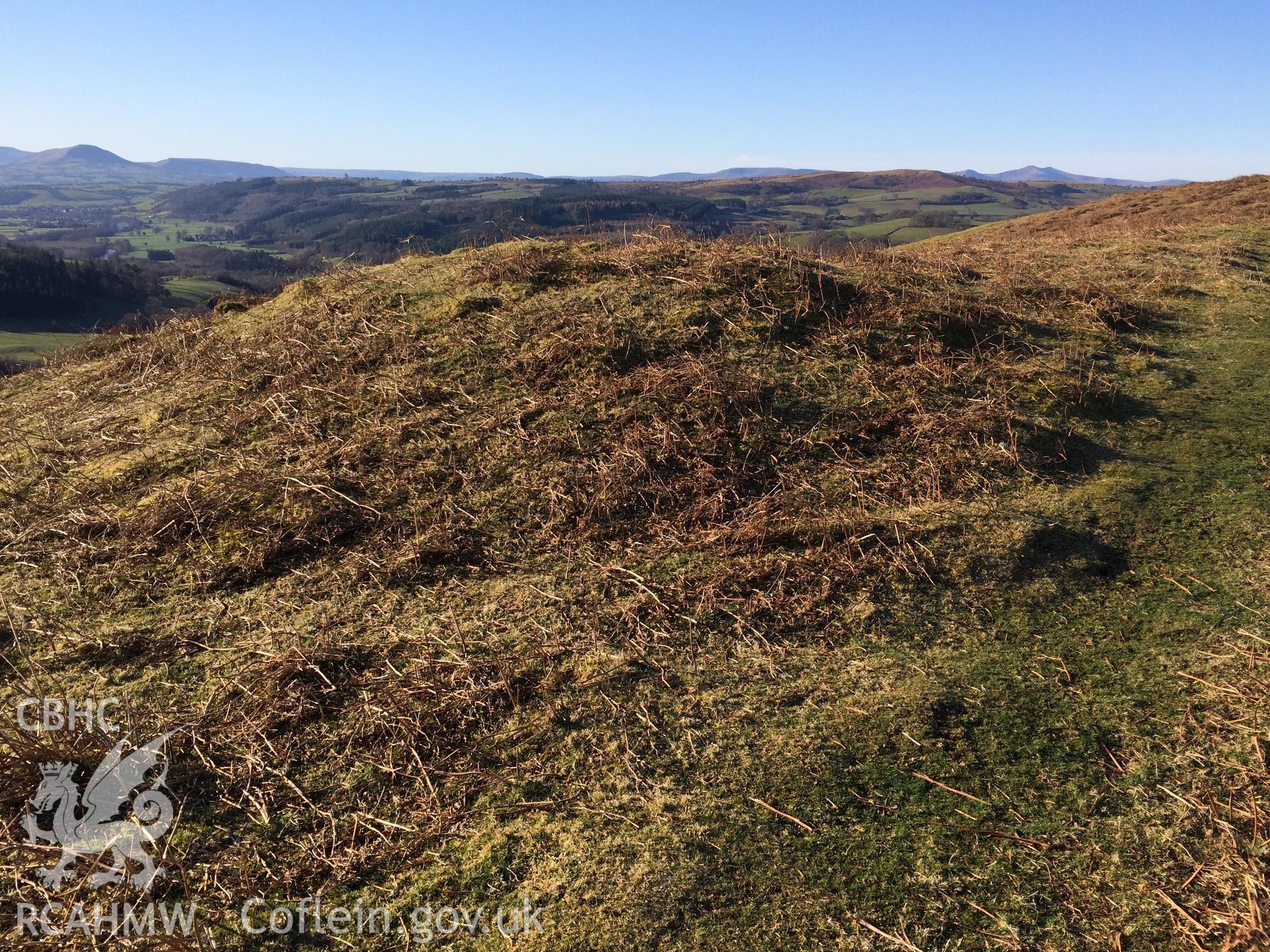 Colour photo showing view of Tywyn-y-Garth Barrow 1, taken by Paul R. Davis, 2018.