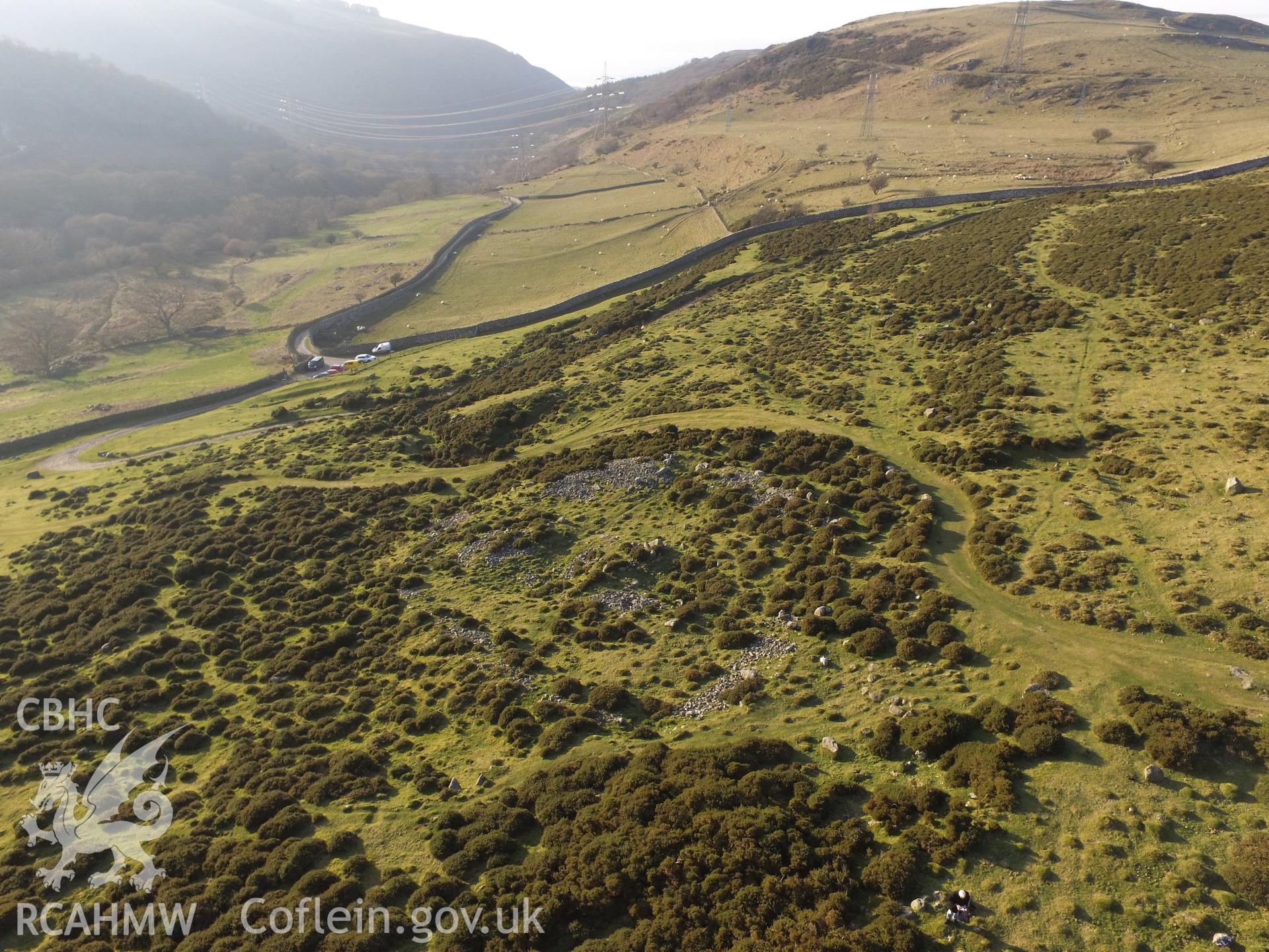 Photo showing view of Aber huts, taken by Paul R. Davis, February 2018.