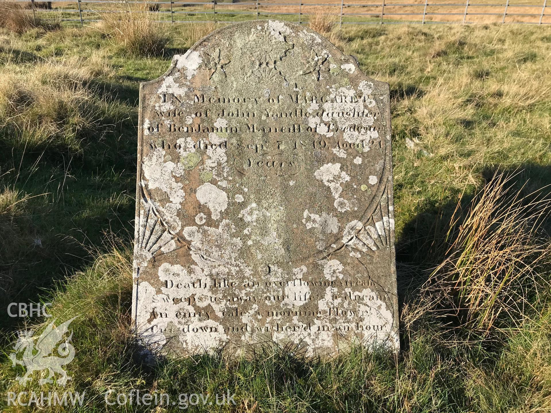 Detailed view of Margaret's gravestone at the Tredegar Ironworks cholera cemetery. Colour photograph taken by Paul R. Davis on 24th October 2018.