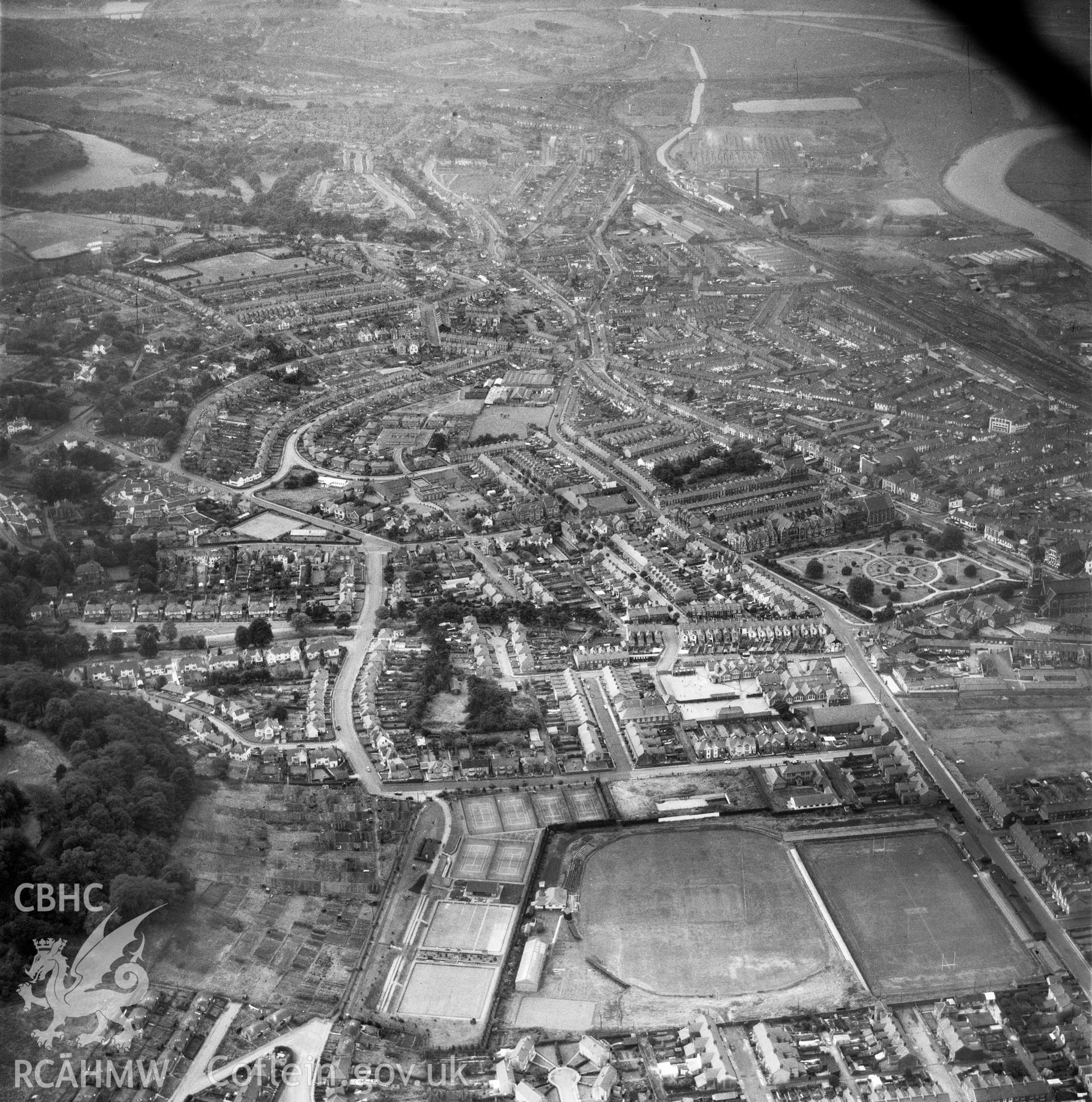 Digital copy of a black and white oblique aerial photograph showing The Gnoll, Neath, taken by Aerofilms Ltd, 1959.