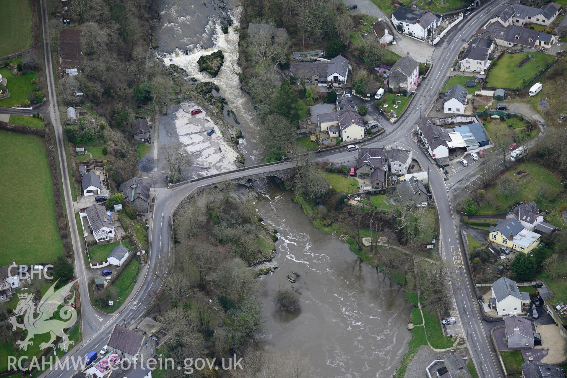 Cenarth bridge, Cenarth. Oblique aerial photograph taken during the Royal Commission's programme of archaeological aerial reconnaissance by Toby Driver on 13th March 2015.