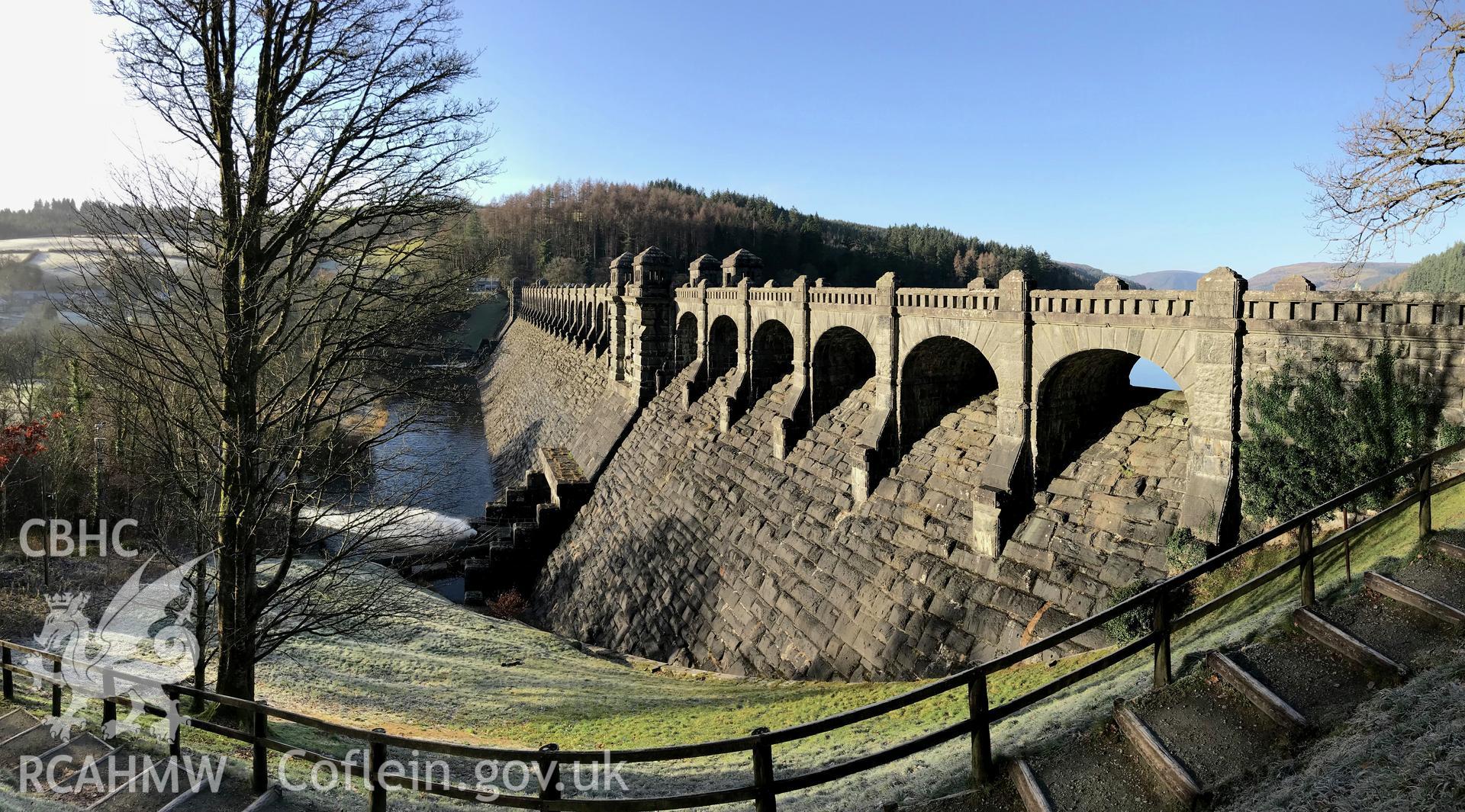 View of Lake Vyrnwy dam, Llanwddyn. Colour photograph taken by Paul R. Davis on 2nd January 2019.