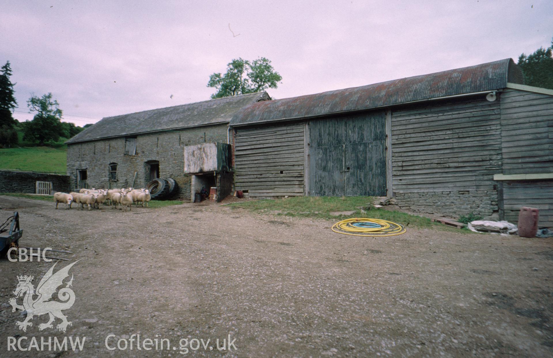 Digital copy of a colour slide showing an exterior view of Pilleth Court Farm Building.