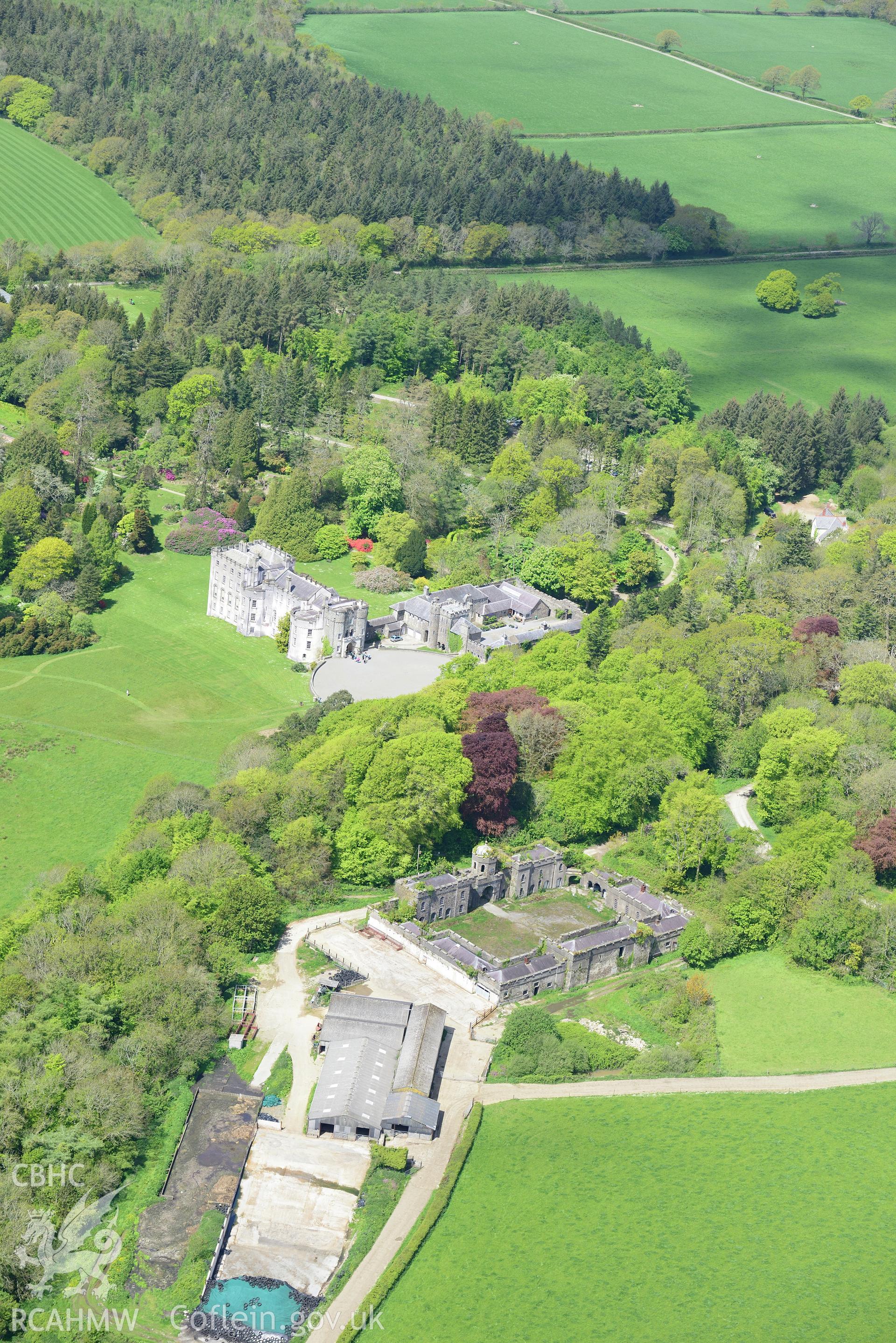 Picton Castle, its gardens and its stables, Slebech. Oblique aerial photograph taken during the Royal Commission's programme of archaeological aerial reconnaissance by Toby Driver on 13th May 2015.