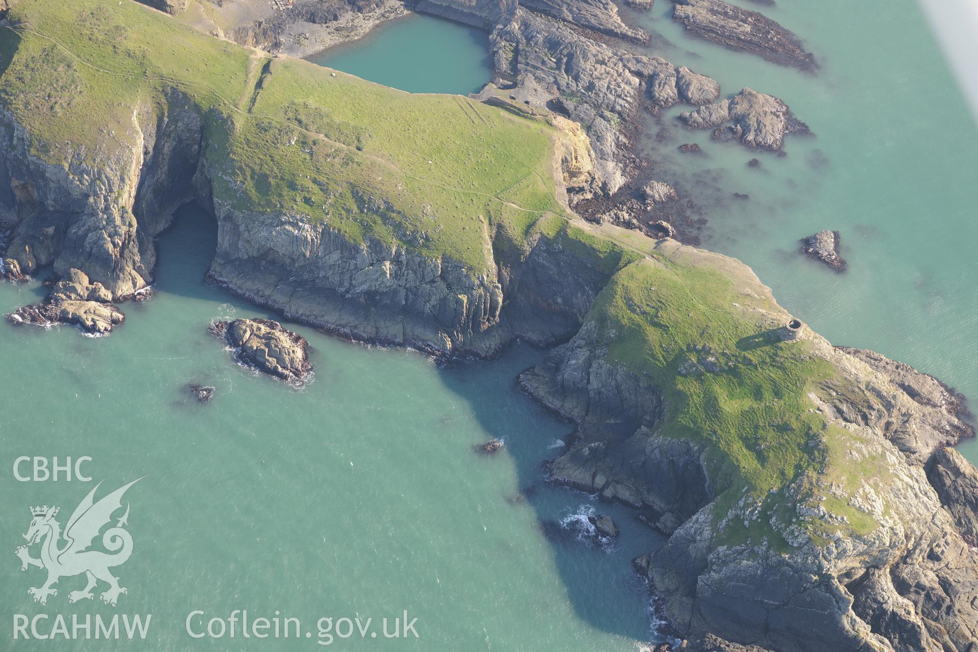 Abereiddi Tower at Abereiddi Bay on the Pembrokeshire coast, south west of Fishguard. Oblique aerial photograph taken during the Royal Commission's programme of archaeological aerial reconnaissance by Toby Driver on 30th September 2015.