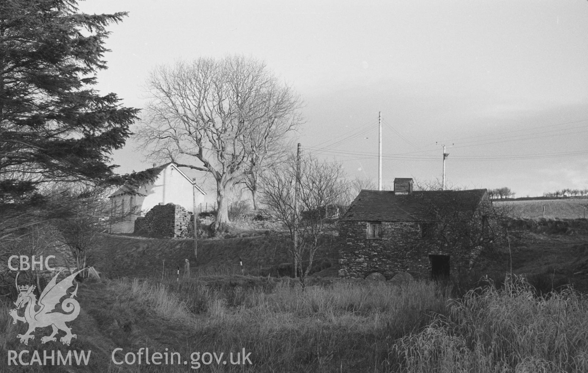 Digital copy of a black and white negative showing view across the overgrown millpond to the mill-house in Swyddffynnon, with Baptist church on the left. Photographed in December 1963 by Arthur O. Chater from Grid Reference SN 6929 6615, looking east.