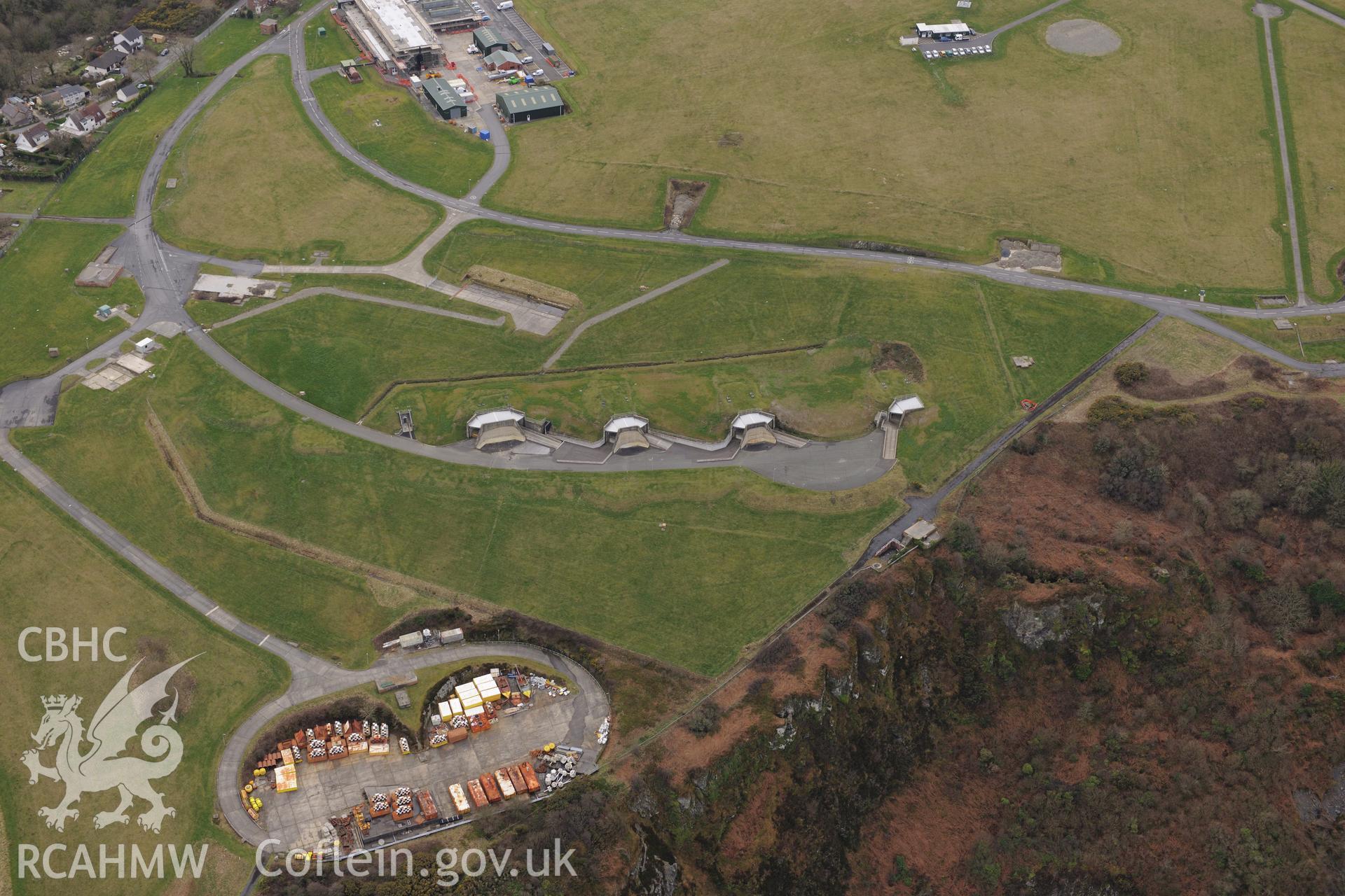 The Defence Evaluation and Research Agency base at Aberporth. Oblique aerial photograph taken during the Royal Commission's programme of archaeological aerial reconnaissance by Toby Driver on 13th March 2015.