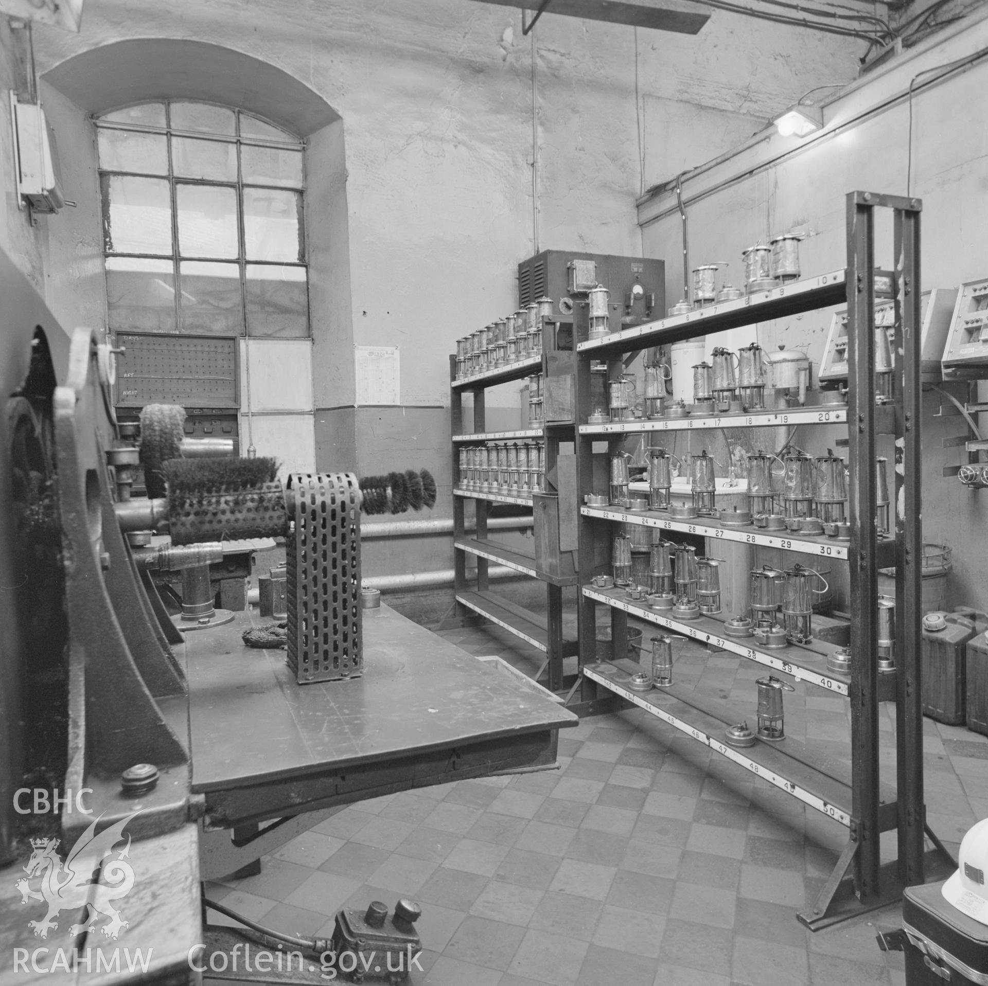 Digital copy of an acetate negative showing oil lamp store at Penallta Colliery from the John Cornwell Collection.