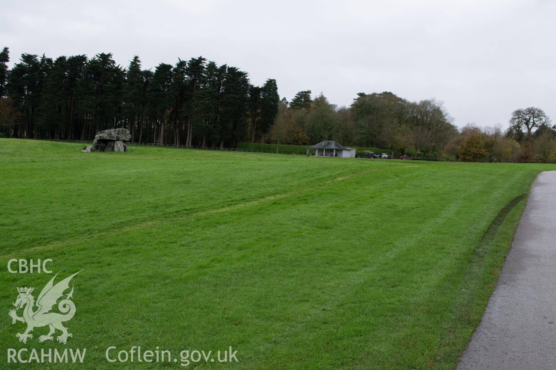 General view from the north east of pavilion and burial chamber. Photographed during archaeological watching brief of Plas Newydd, Ynys Mon, conducted by Gwynedd Archaeological Trust on 14th November 2017. Project no. 2542.