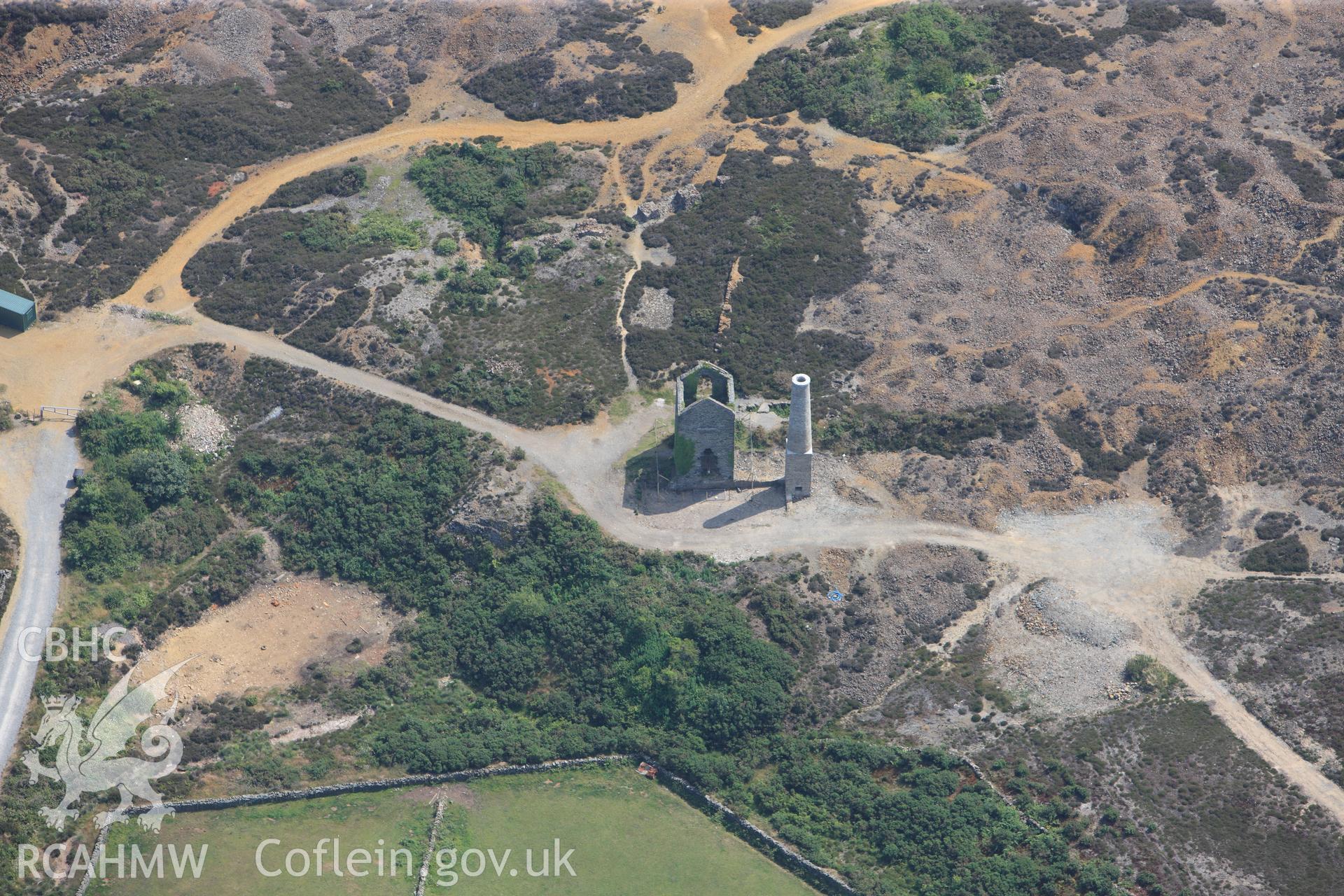 Pumping windmill at Parys Mountain copper mines, Amlwch, Anglesey. Oblique aerial photograph taken during the Royal Commission?s programme of archaeological aerial reconnaissance by Toby Driver on 12th July 2013.