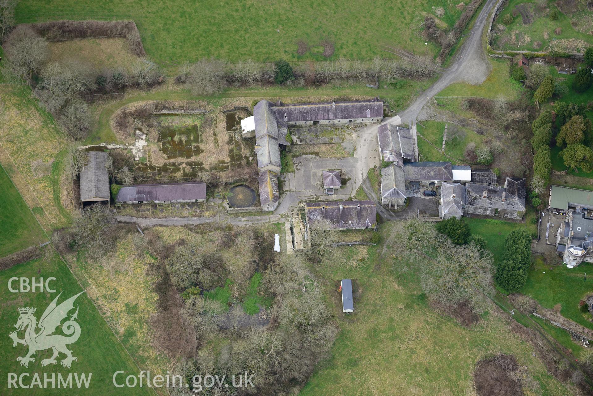 Pentre mansion, farmhouse and cottage, near Newchapel, Boncath. Oblique aerial photograph taken during the Royal Commission's programme of archaeological aerial reconnaissance by Toby Driver on 13th March 2015.