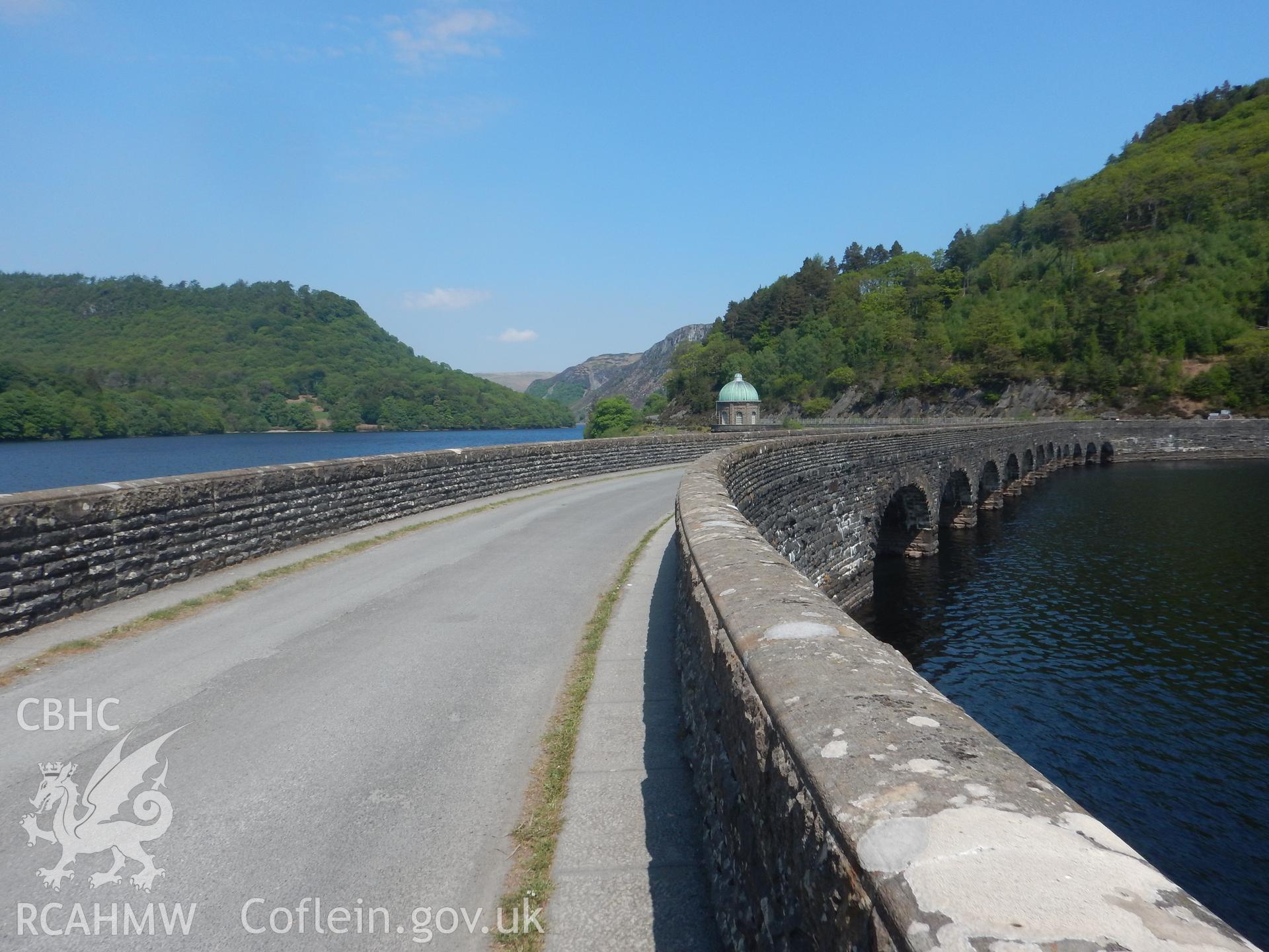 Carreg Ddu viaduct and Foel Valve Tower, looking north-east. Photographed as part of Archaeological Desk Based Assessment of Afon Claerwen, Elan Valley, Rhayader, Powys. Assessment conducted by Archaeology Wales in 2018. Report no. 1681. Project no. 2573.