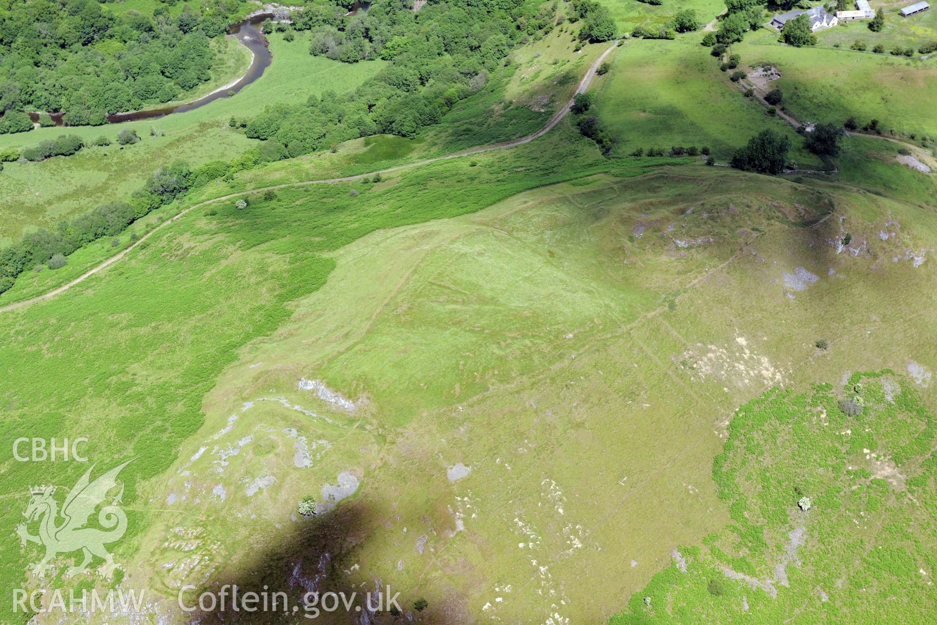 Cefnllys Castle, east of Llandrindod Wells. Oblique aerial photograph taken during the Royal Commission's programme of archaeological aerial reconnaissance by Toby Driver on 30th June 2015.