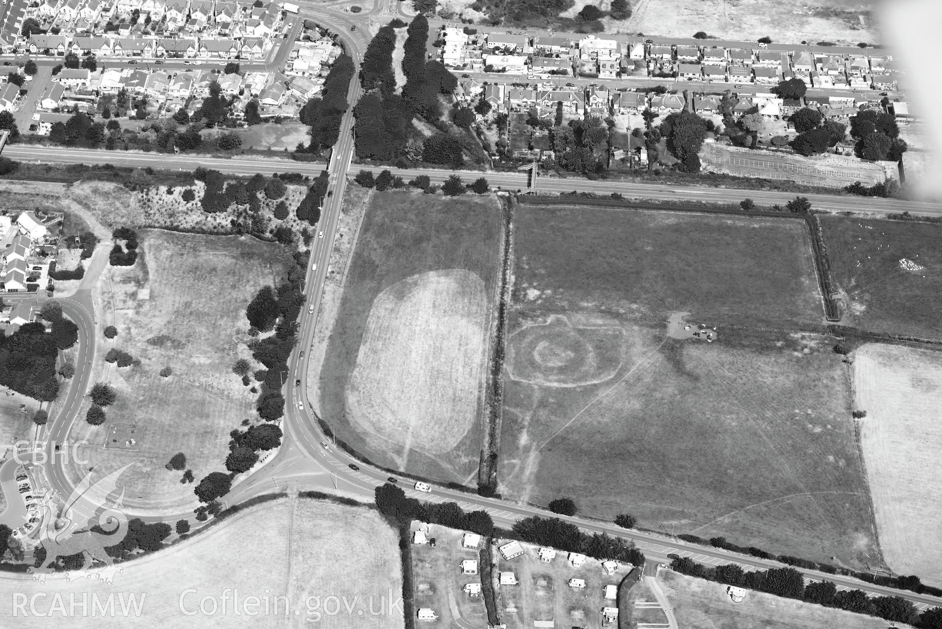 Royal Commission aerial photography of Prestatyn Castle, with parchmark details, taken on 19th July 2018 during the 2018 drought.