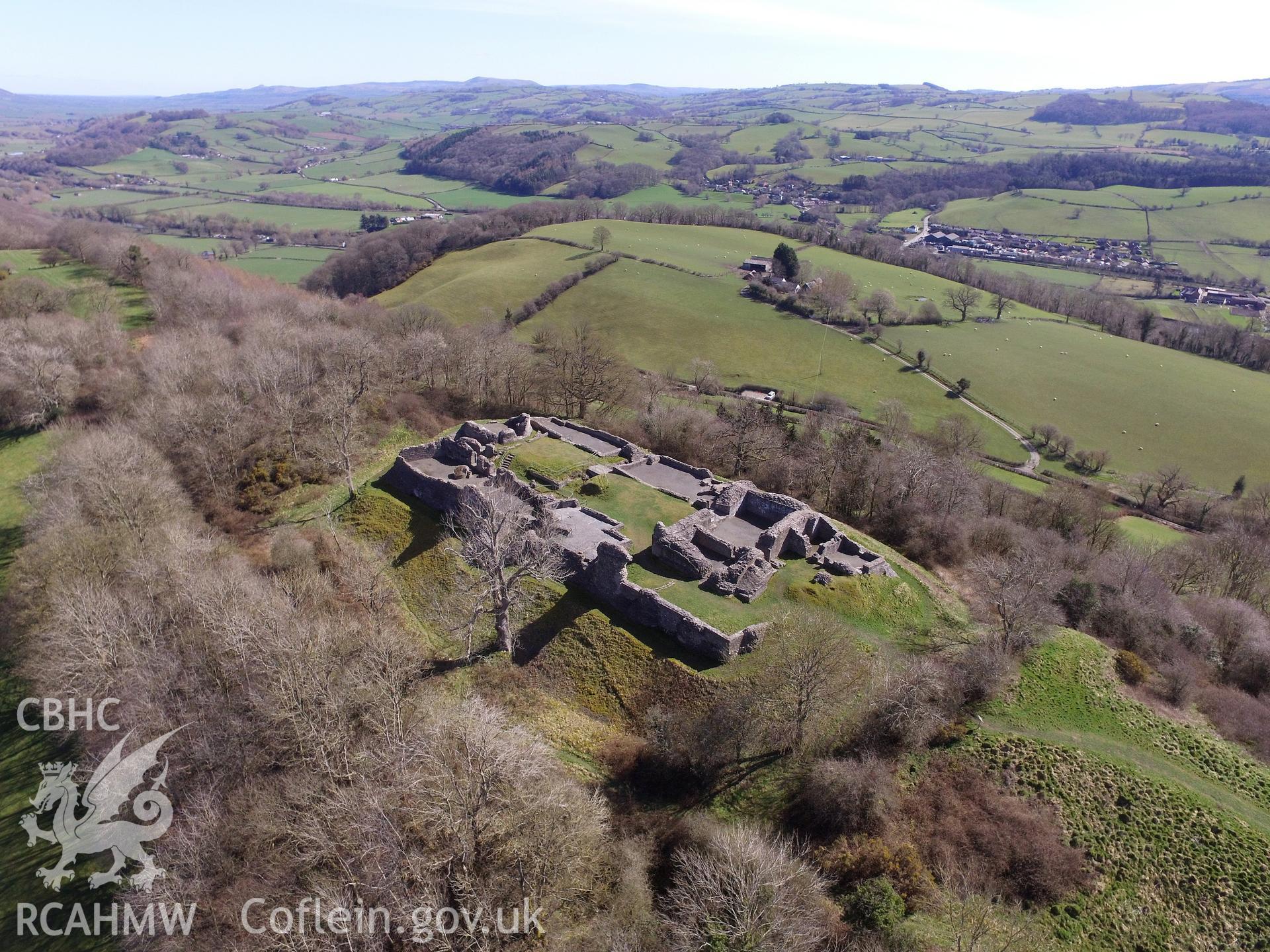 Colour photo showing view of Dolforwyn Castle, Abermule, taken by Paul R. Davis, 2018.