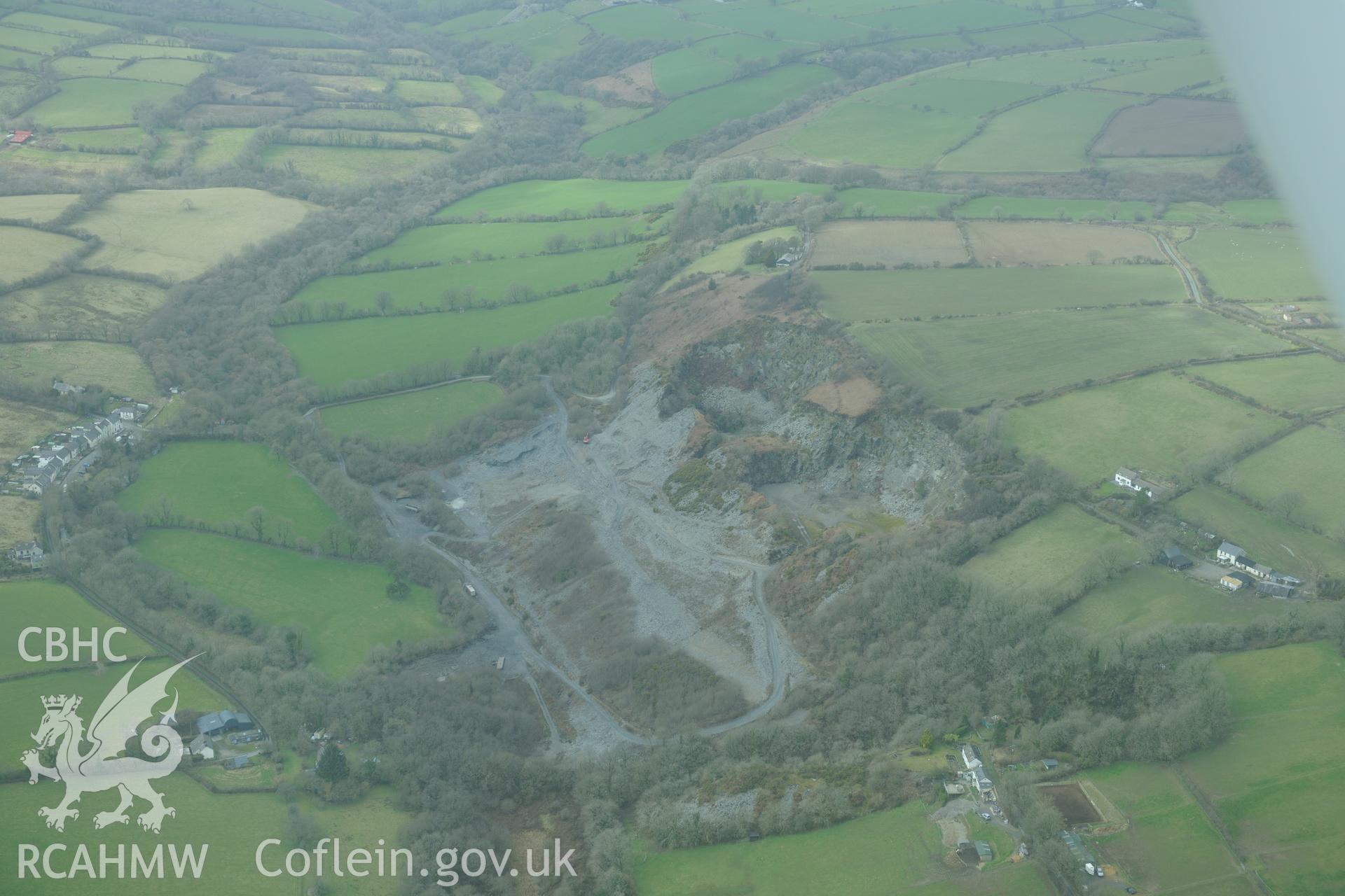 Cwm-Cigfran or Glogue quarry, Hermon, between Cardigan and Carmarthen. Oblique aerial photograph taken during the Royal Commission's programme of archaeological aerial reconnaissance by Toby Driver on 13th March 2015.