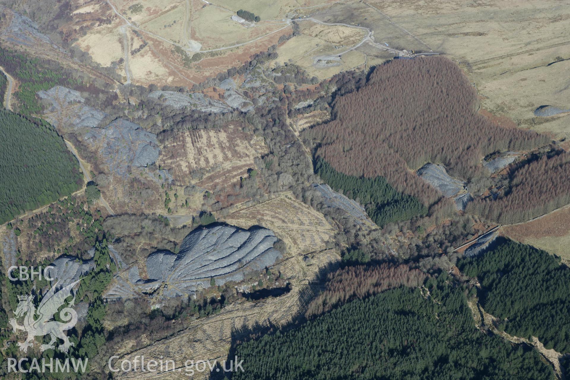 RCAHMW colour oblique photograph of Bryneglwys slate quarry and water powered incline. Taken by Toby Driver on 08/03/2010.