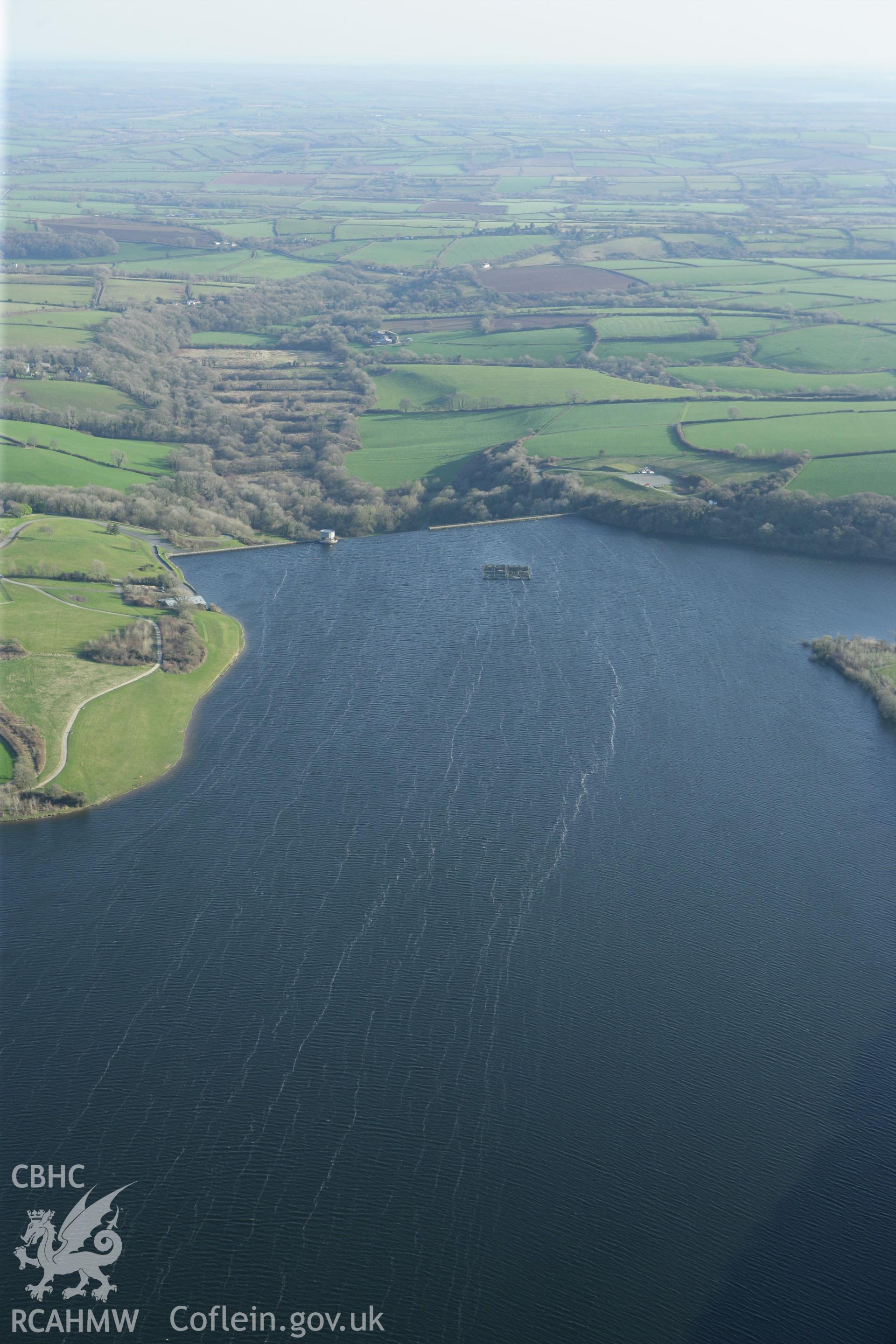 RCAHMW colour oblique aerial photograph of Llys y Fran Reservoir Dam. Taken on 13 April 2010 by Toby Driver