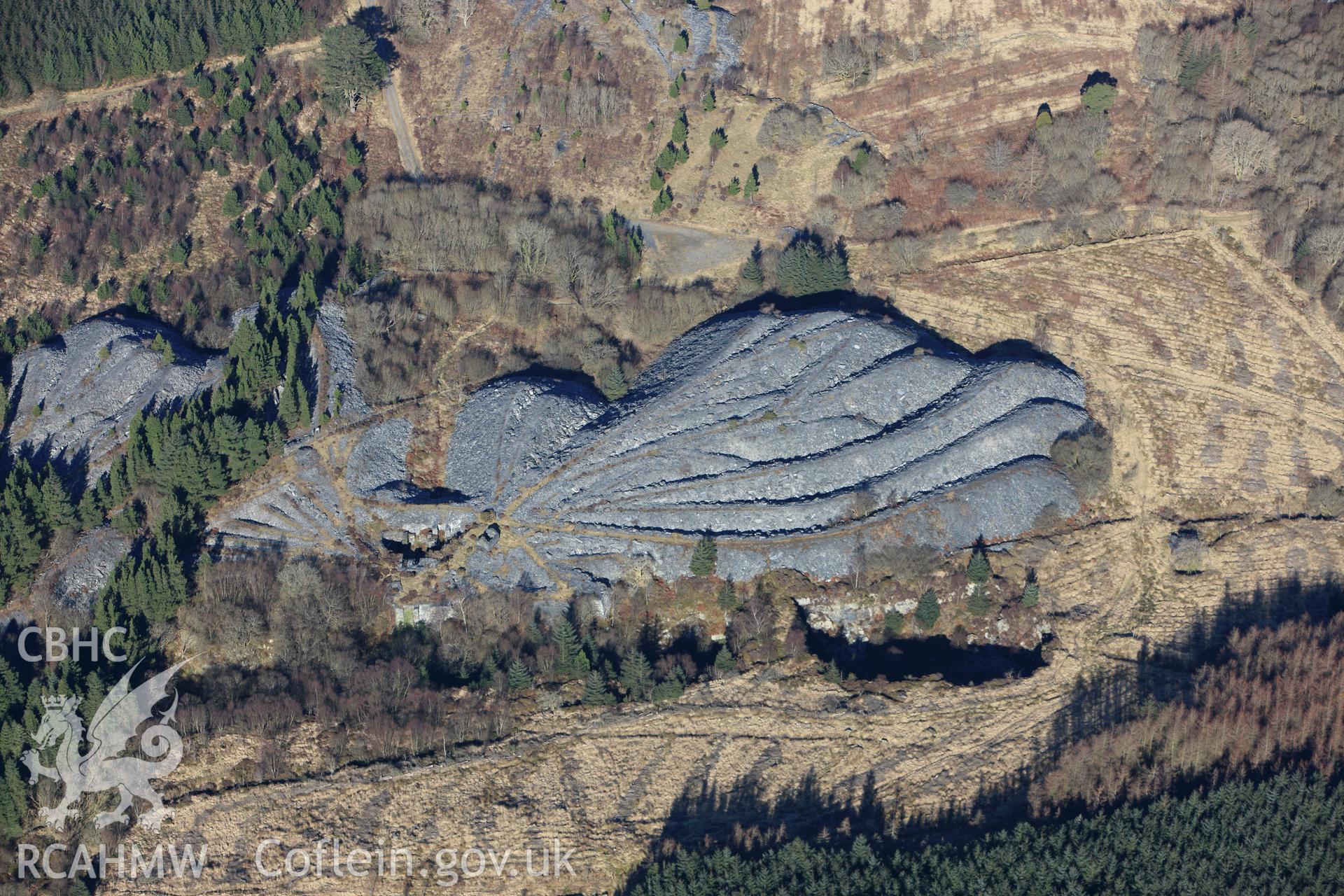 RCAHMW colour oblique photograph of Bryneglwys slate quarry and water powered incline. Taken by Toby Driver on 08/03/2010.