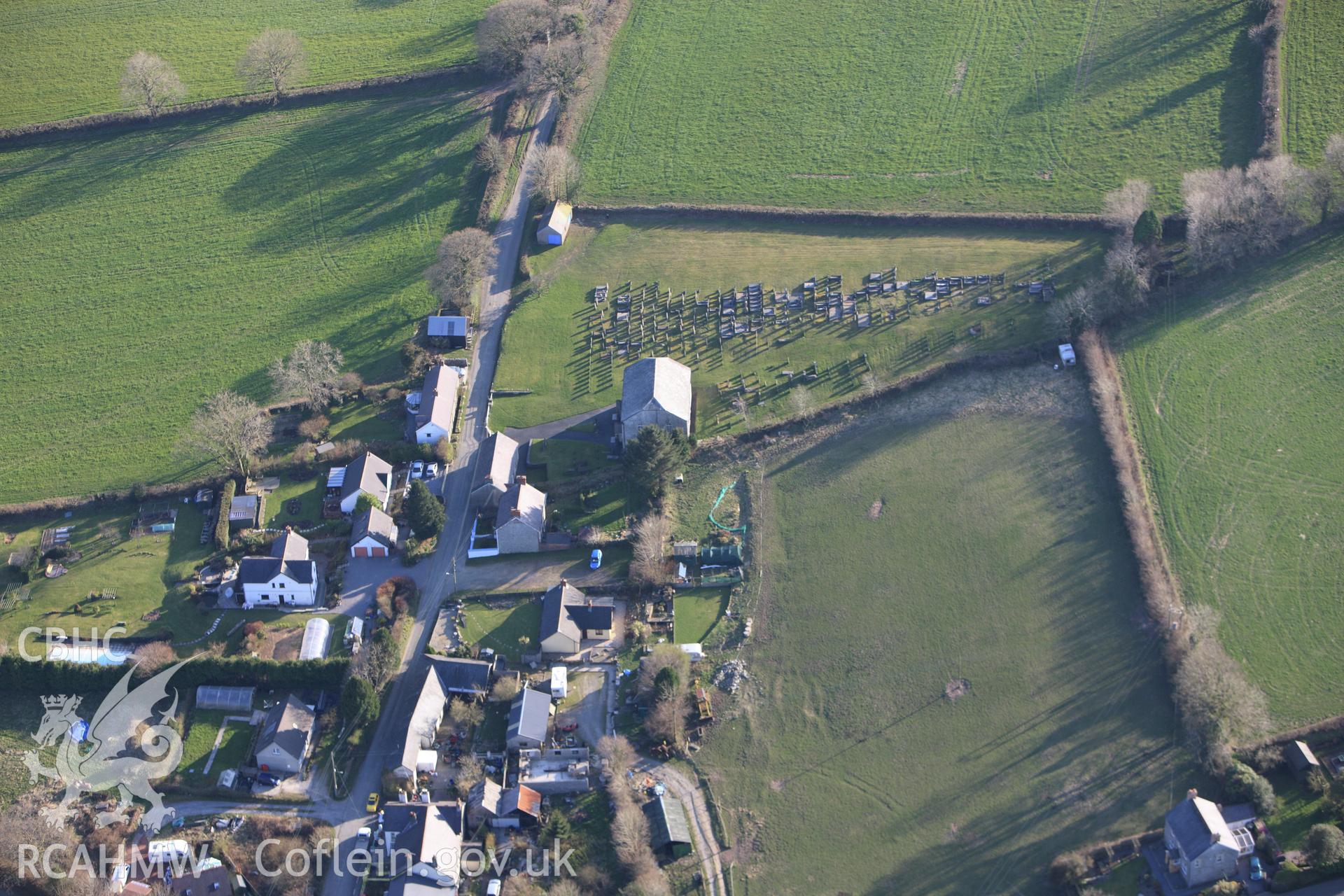 RCAHMW colour oblique aerial photograph of Tre Hywel Stone near Glan-Dwr Independent Chapel. Taken on 13 April 2010 by Toby Driver