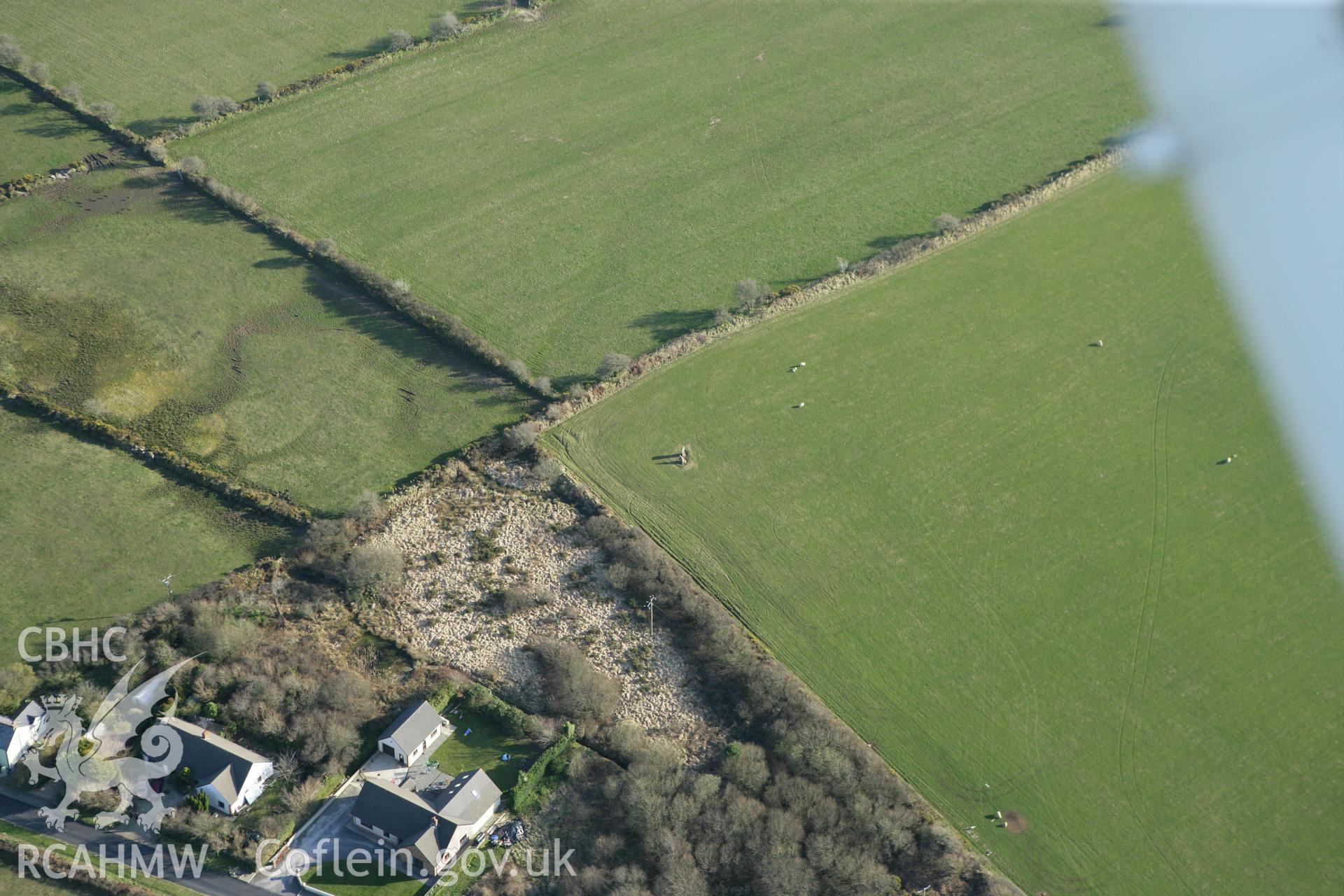 RCAHMW colour oblique aerial photograph of the two standing stones at Yr Allor, Glandy Cross. Taken on 13 April 2010 by Toby Driver