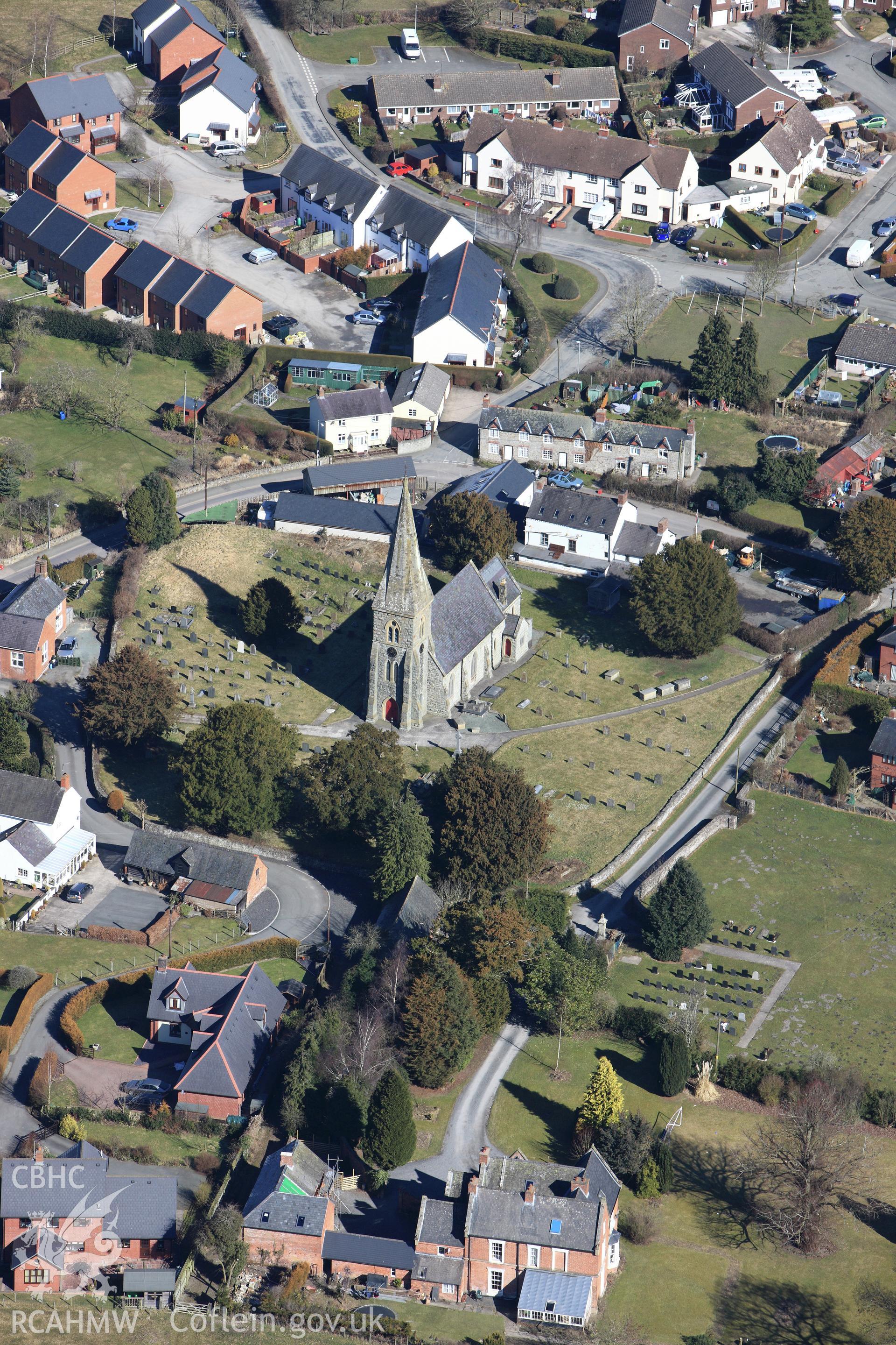 RCAHMW colour oblique photograph of St. Garmon's church, Castle Caereinion. Taken by Toby Driver on 08/03/2010.