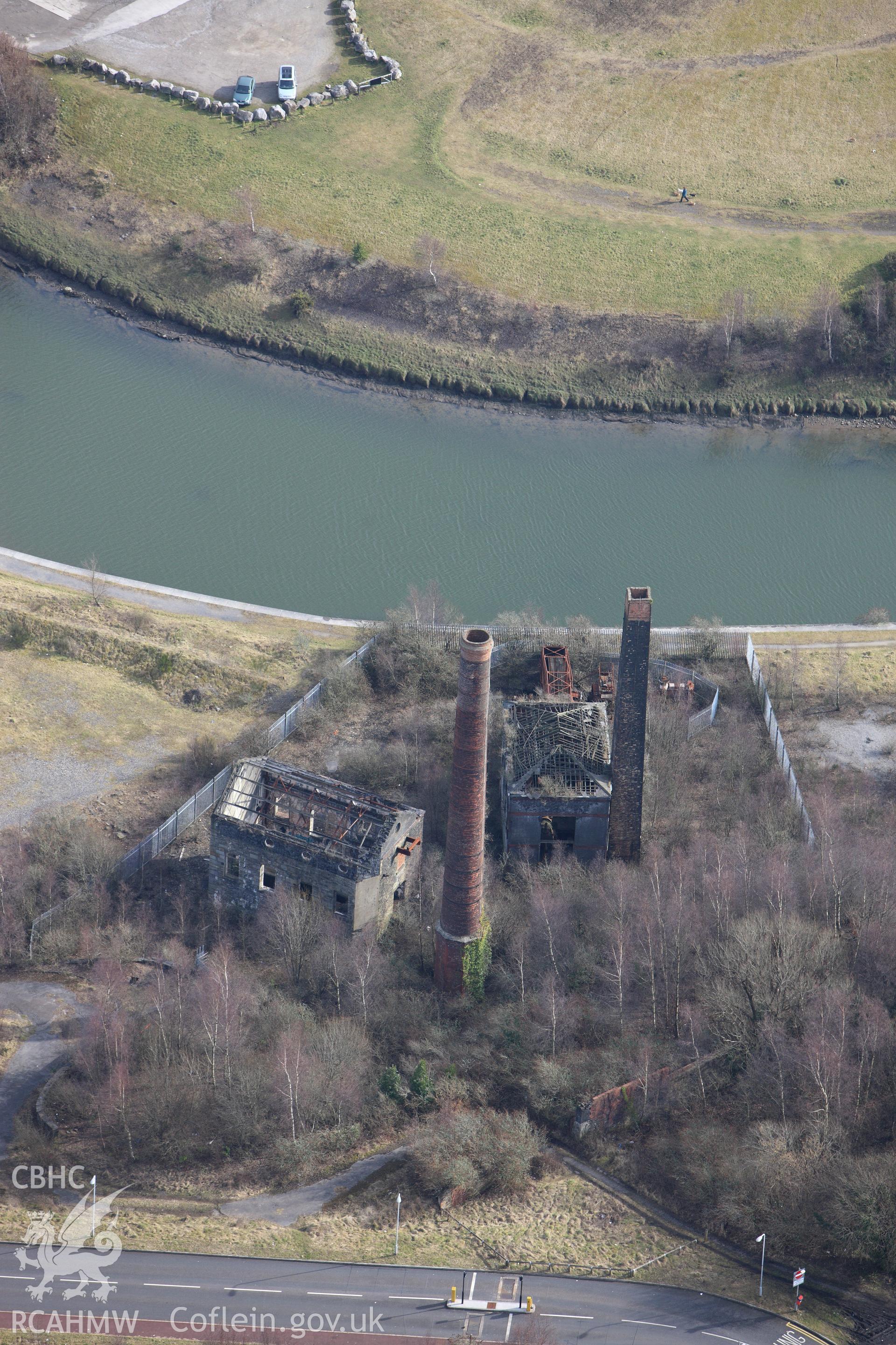 RCAHMW colour oblique photograph of Hafod Copperworks 1910 Engine House, Swansea;Hafod Copperworks 1860 Engine House, Swansea;Hafod Copperworks Chimney. Taken by Toby Driver on 02/03/2010.