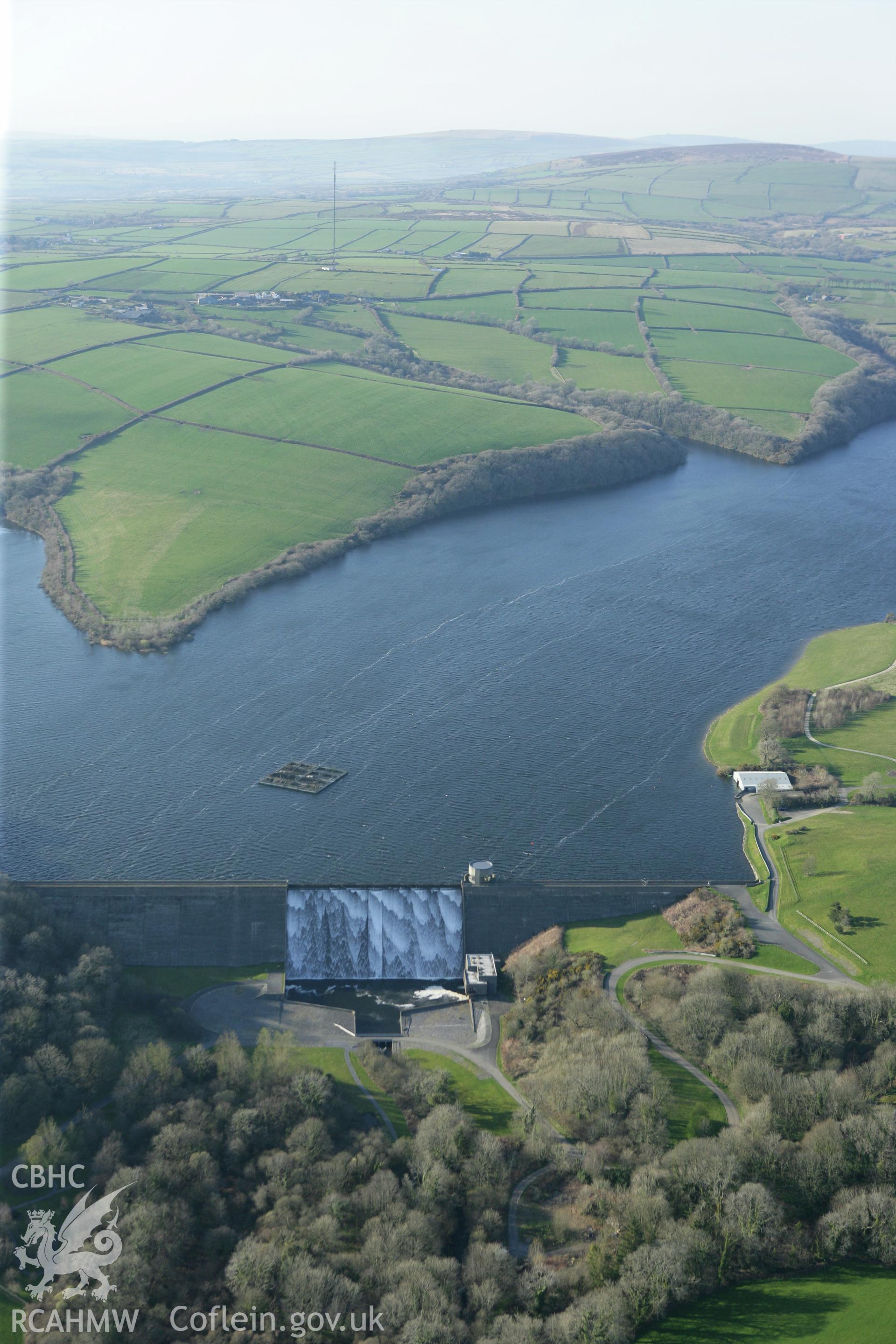 RCAHMW colour oblique aerial photograph of Llys y Fran Reservoir Dam. Taken on 13 April 2010 by Toby Driver