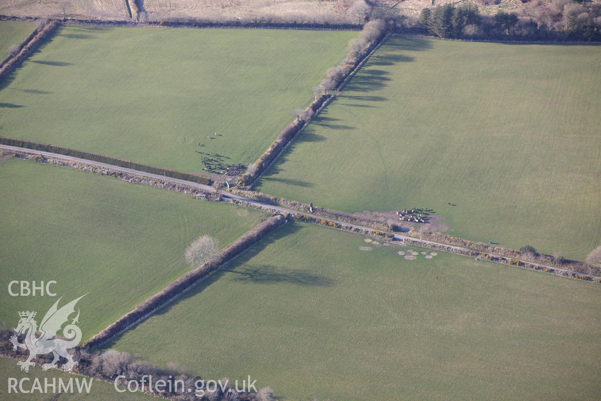 RCAHMW colour oblique aerial photograph of Llanfyrnach Standing Stones A. Taken on 13 April 2010 by Toby Driver