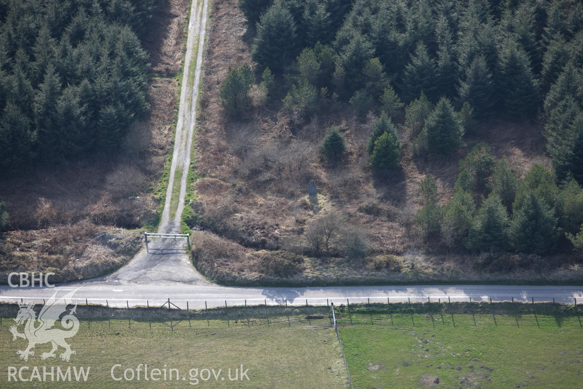 RCAHMW colour oblique aerial photograph of Gareg Hir Standing Stone. Taken on 13 April 2010 by Toby Driver