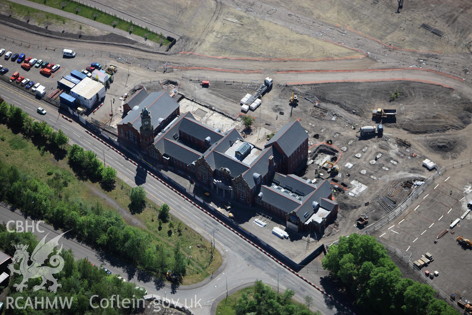 RCAHMW colour oblique photograph of The General Office Building, former steel works site, Ebbw Vale. Taken by Toby Driver on 24/05/2010.