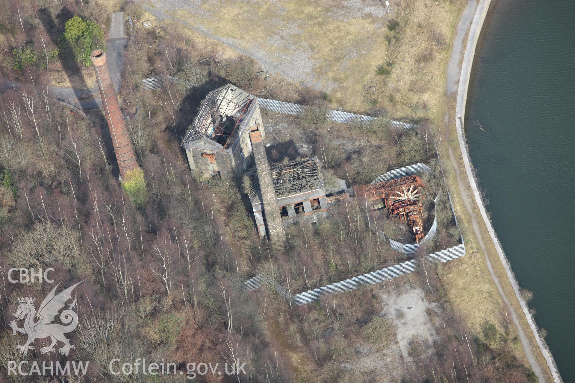 RCAHMW colour oblique photograph of Hafod Copperworks 1910 Engine House, Swansea;Hafod Copperworks 1860 Engine House, Swansea;Hafod Copperworks Chimney. Taken by Toby Driver on 02/03/2010.