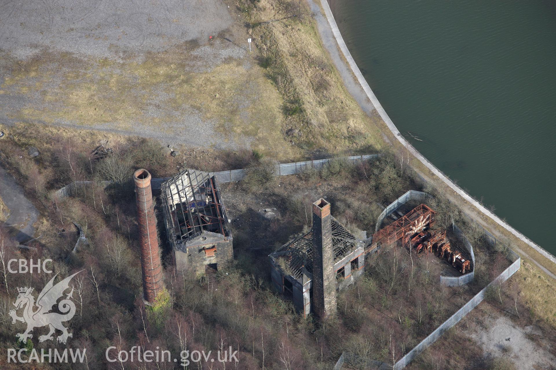 RCAHMW colour oblique photograph of Hafod Copperworks 1910 Engine House, Swansea;Hafod Copperworks 1860 Engine House, Swansea;Hafod Copperworks Chimney. Taken by Toby Driver on 02/03/2010.