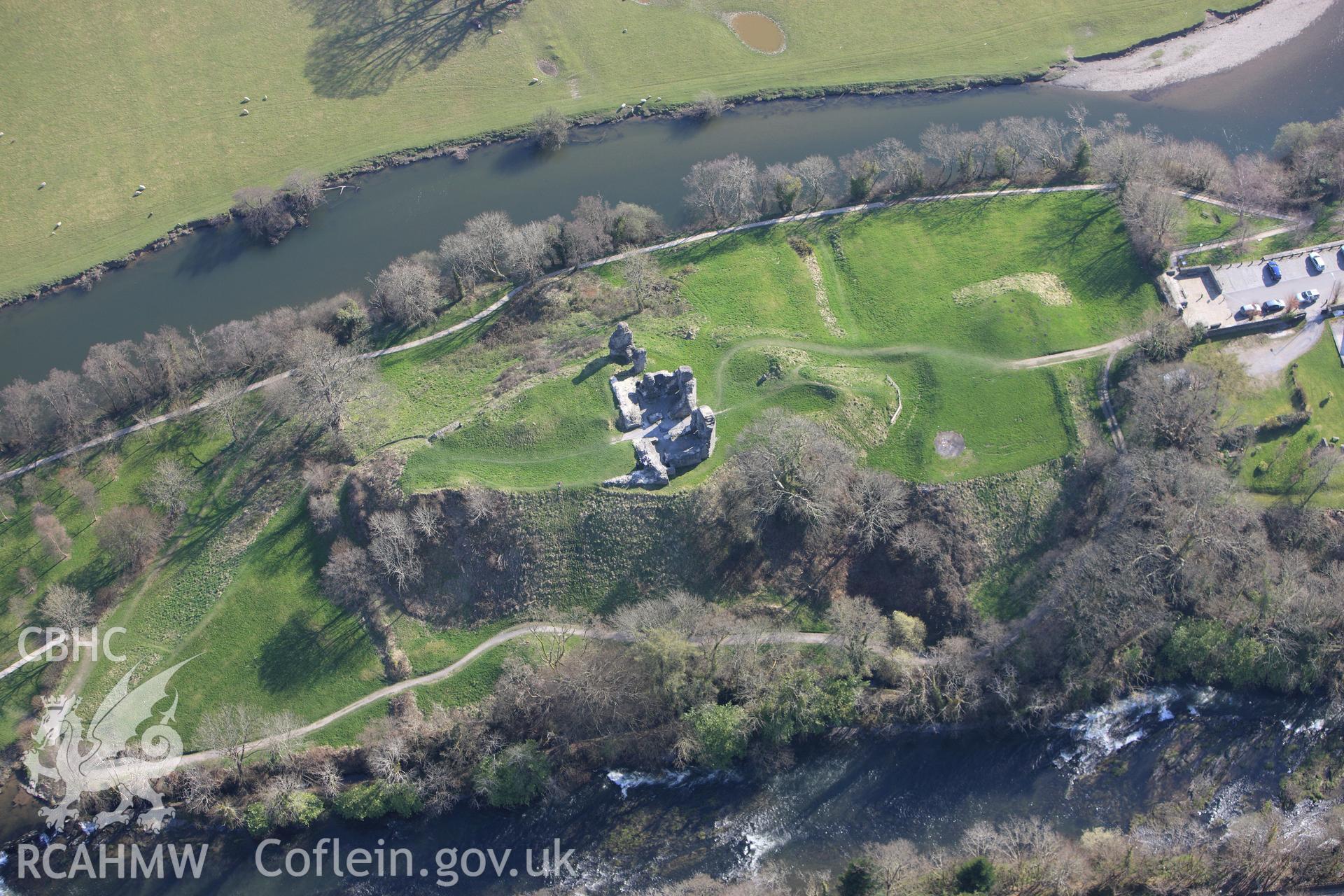 RCAHMW colour oblique aerial photograph of Newcastle Emlyn Castle. Taken on 13 April 2010 by Toby Driver