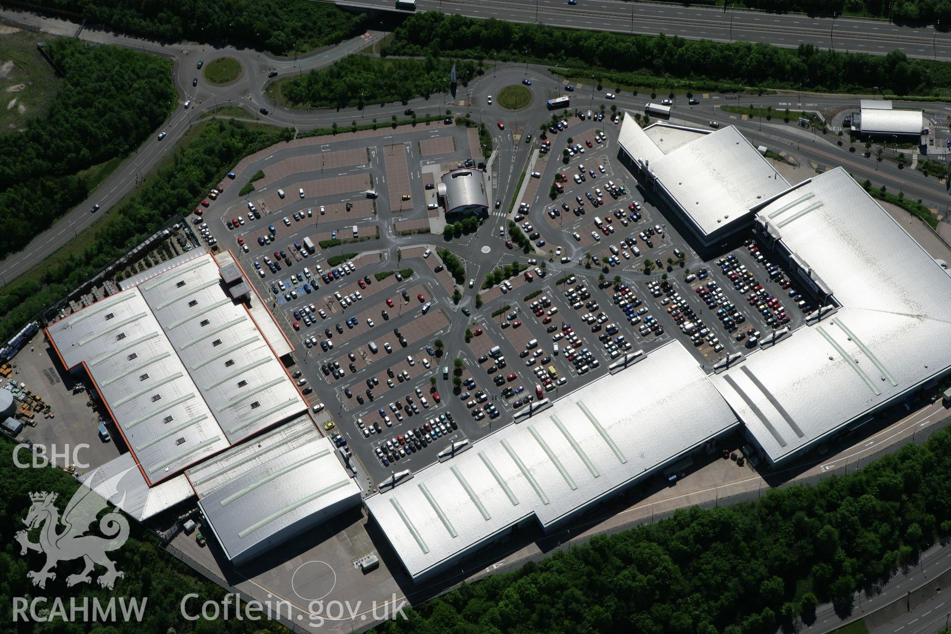 RCAHMW colour oblique photograph of Cyfarthfa Retail Park, Merthyr Tydfil. Taken by Toby Driver on 24/05/2010.