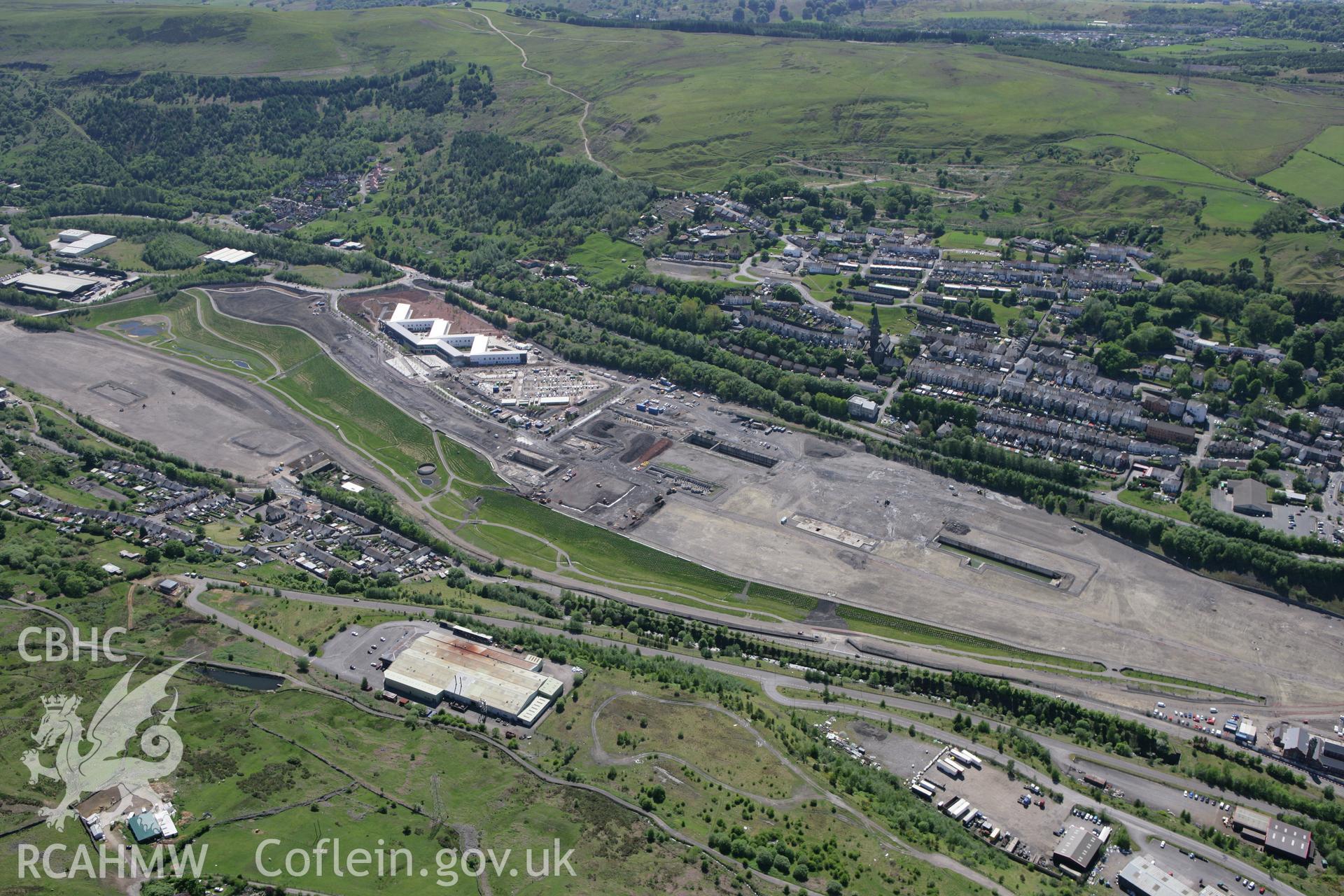 RCAHMW colour oblique photograph of Ebbw Vale Steelworks, and the Aneurin Bevan Hospital. Taken by Toby Driver on 24/05/2010.