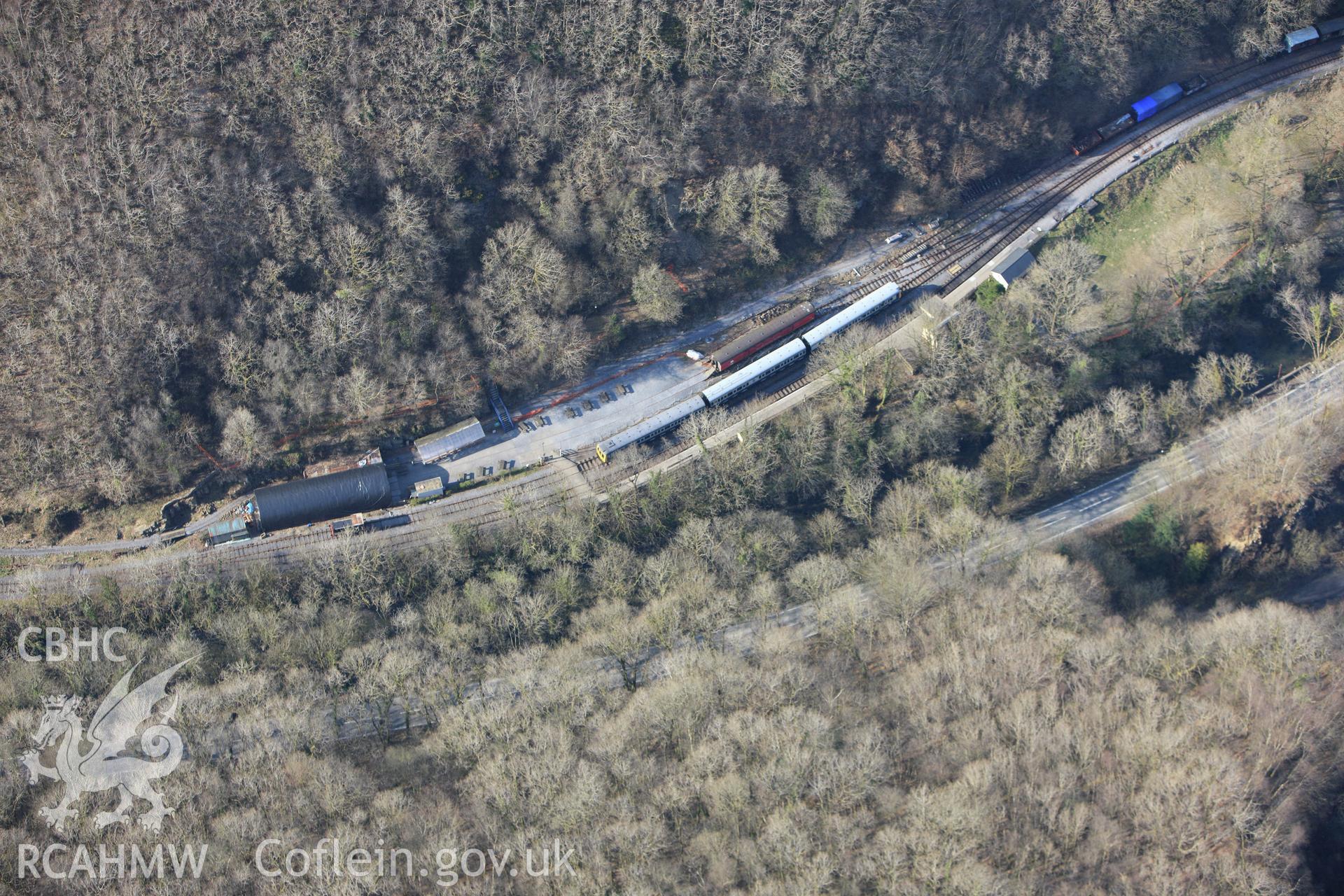 RCAHMW colour oblique aerial photograph of Gwili Railway, Carmarthen and Cardigan Railway. Taken on 13 April 2010 by Toby Driver