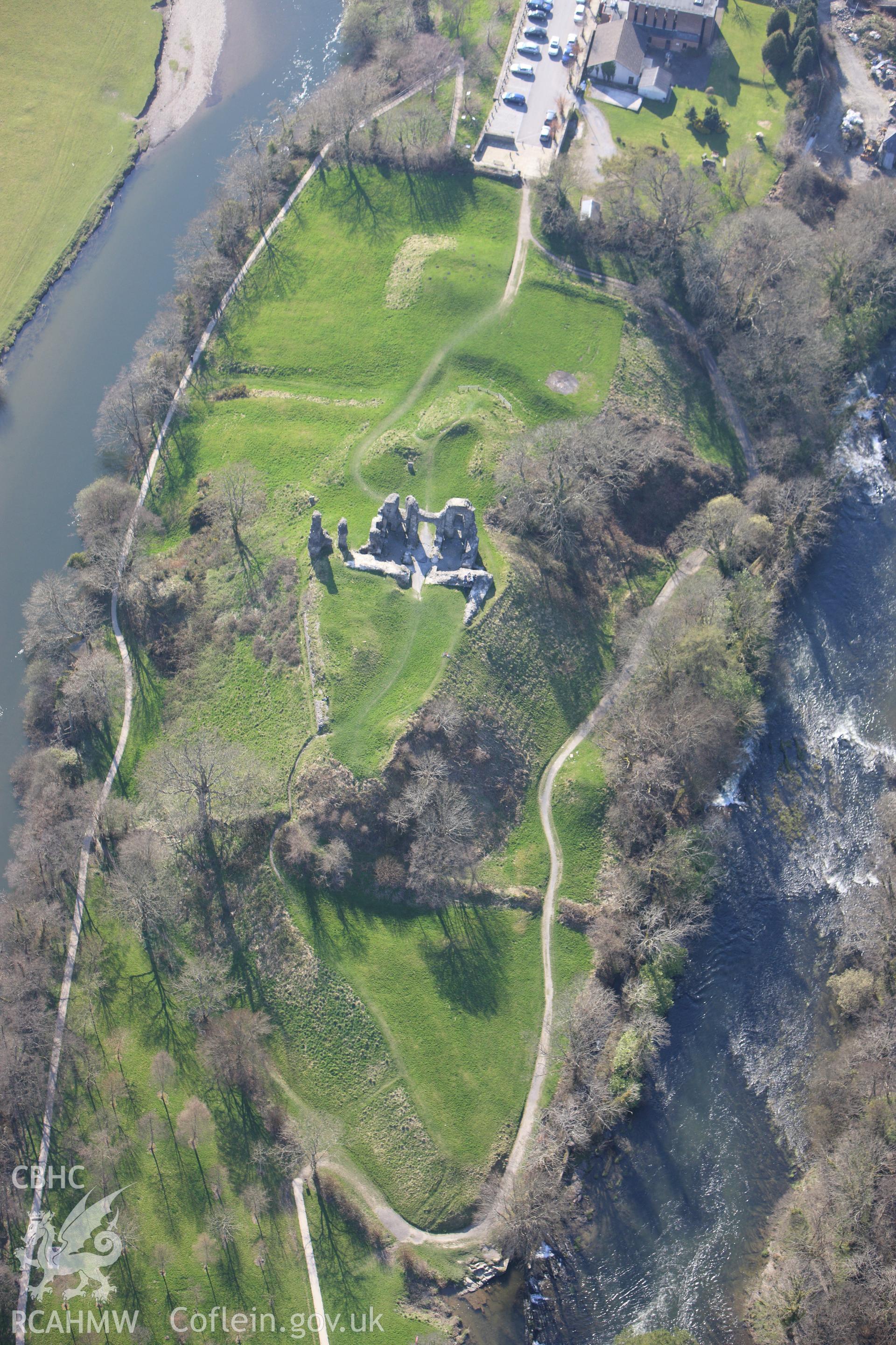 RCAHMW colour oblique aerial photograph of Newcastle Emlyn Castle. Taken on 13 April 2010 by Toby Driver