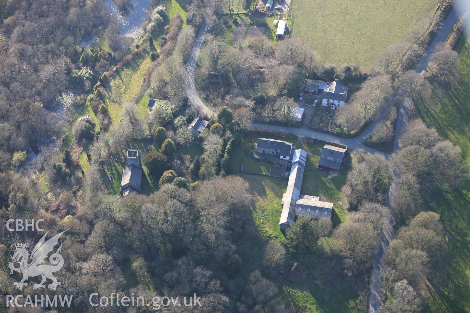 RCAHMW colour oblique aerial photograph of Llanfyrnach Motte. Taken on 13 April 2010 by Toby Driver